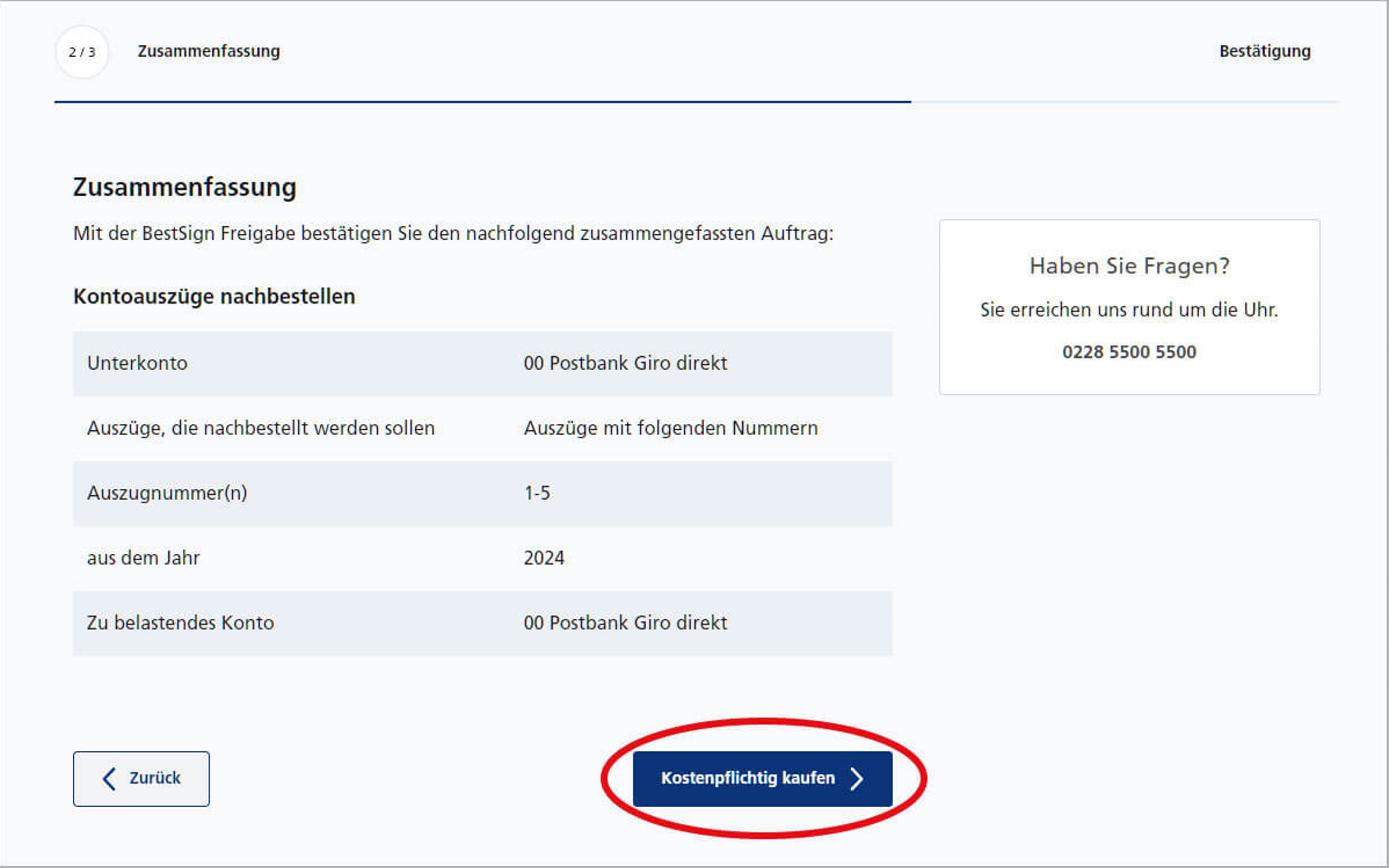 Screenshot vom Postbank Online-Banking zum Nachbestellen der Kontoauszüge