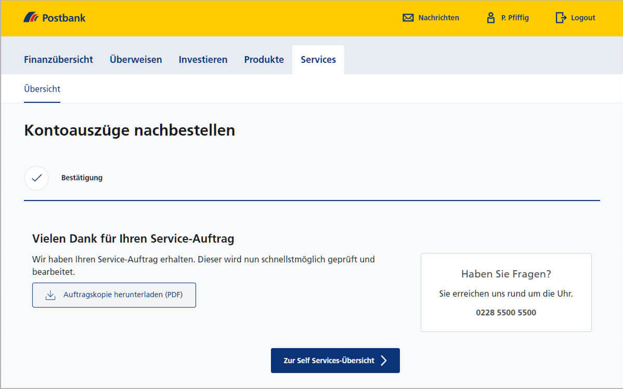 Screenshot vom Postbank Online-Banking zum Nachbestellen der Kontoauszüge