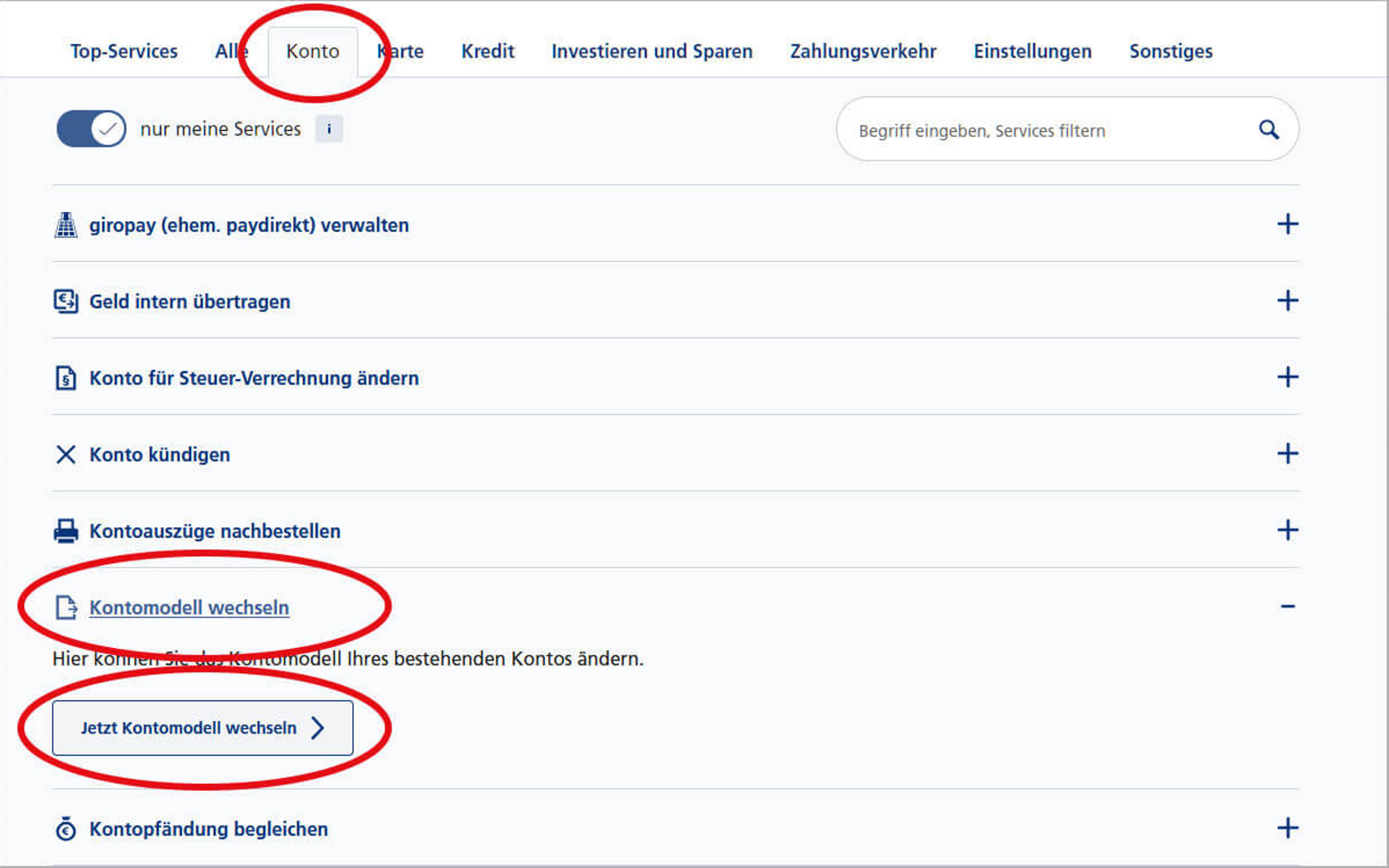 Screenshot vom Postbank Online-Banking zum Wechseln des Kontomodells