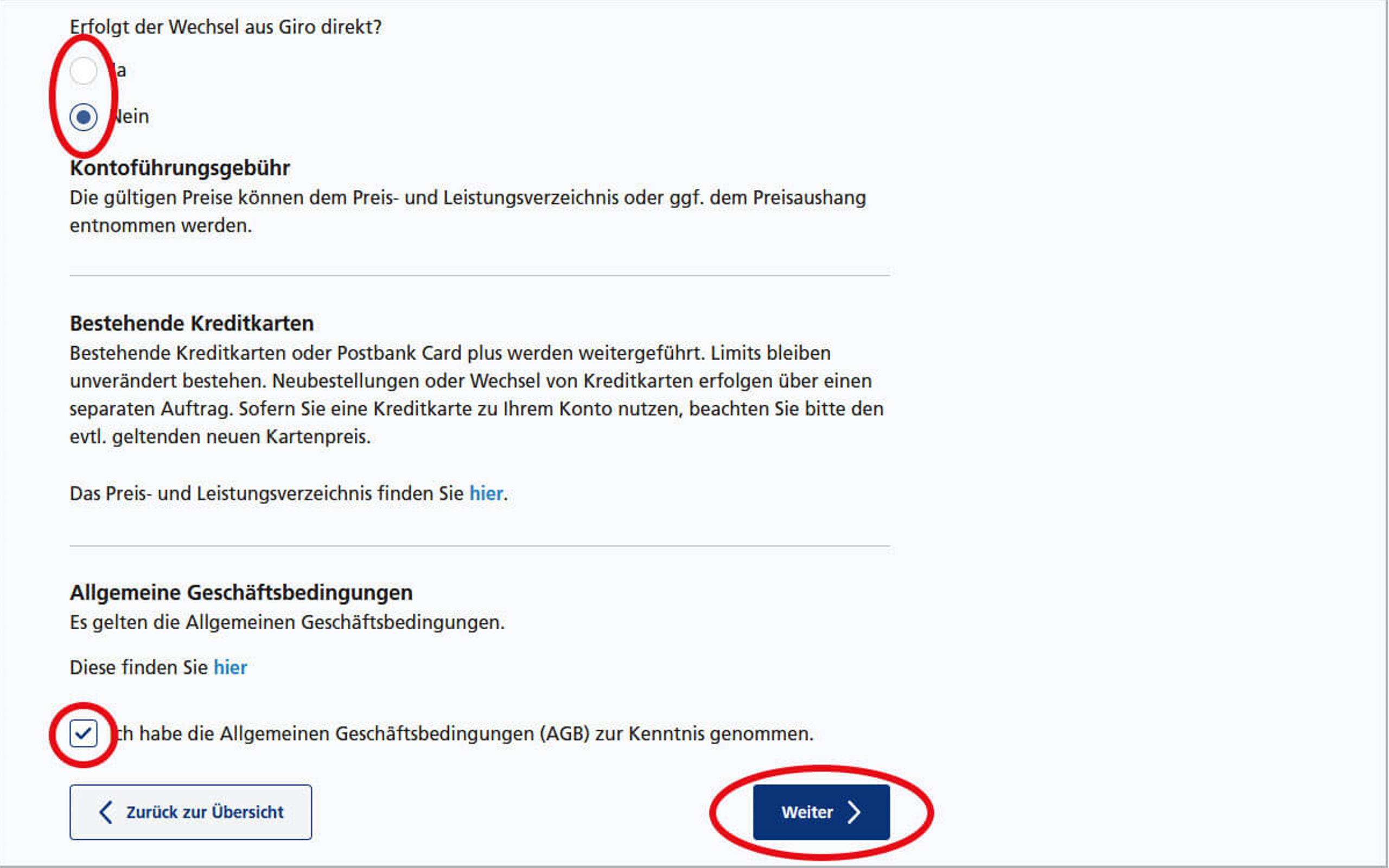 Screenshot vom Postbank Online-Banking zum Wechseln des Kontomodells