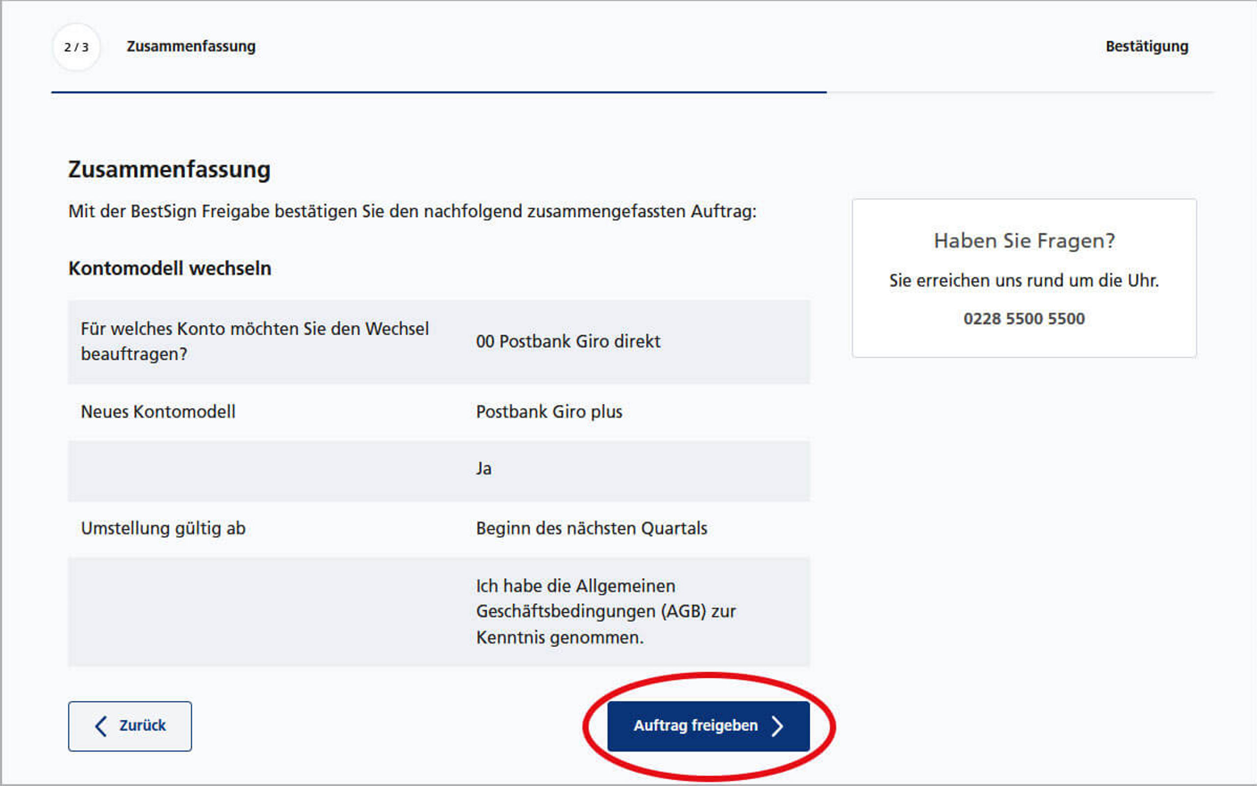 Screenshot vom Postbank Online-Banking zum Wechseln des Kontomodells