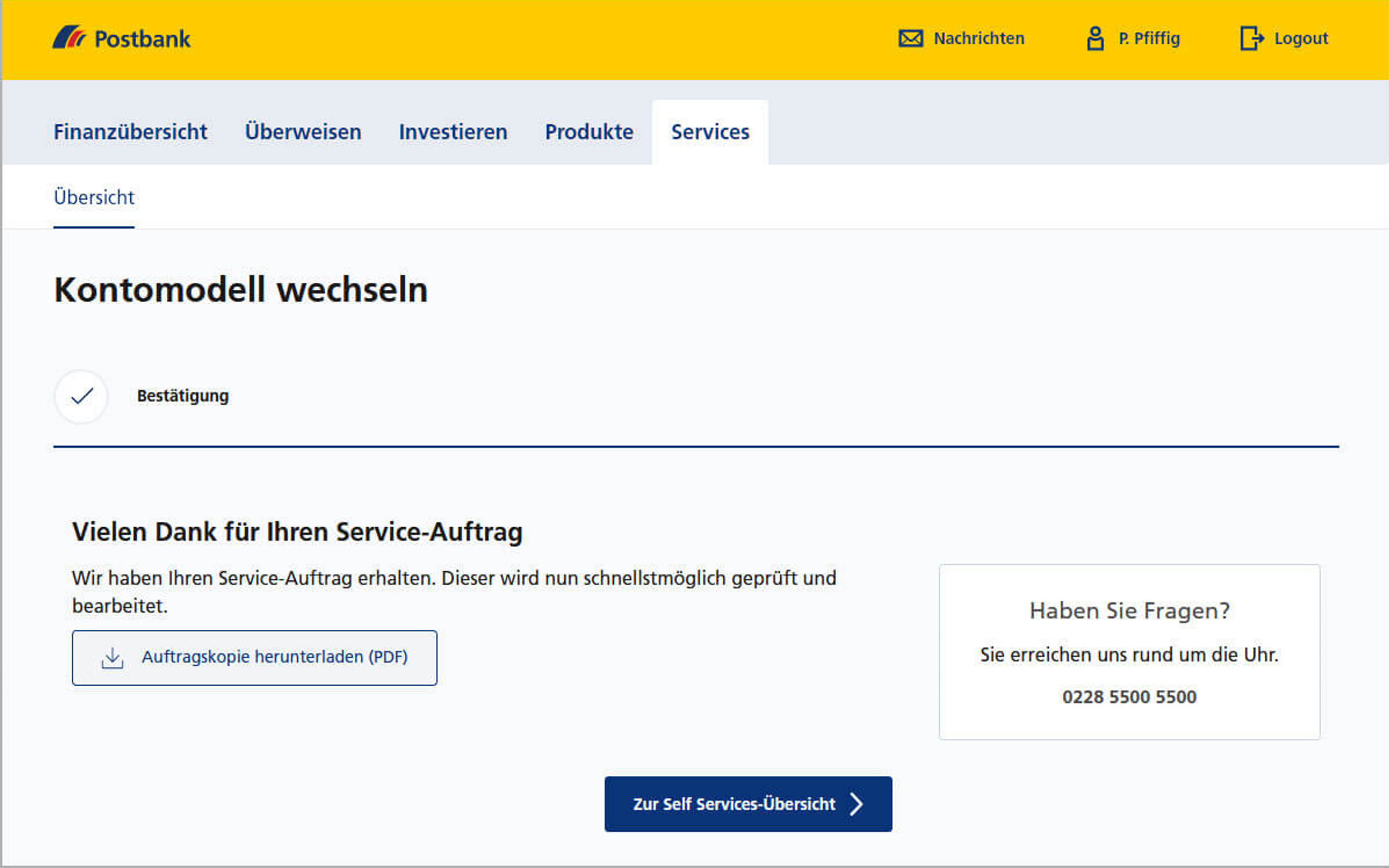 Screenshot vom Postbank Online-Banking zum Wechseln des Kontomodells