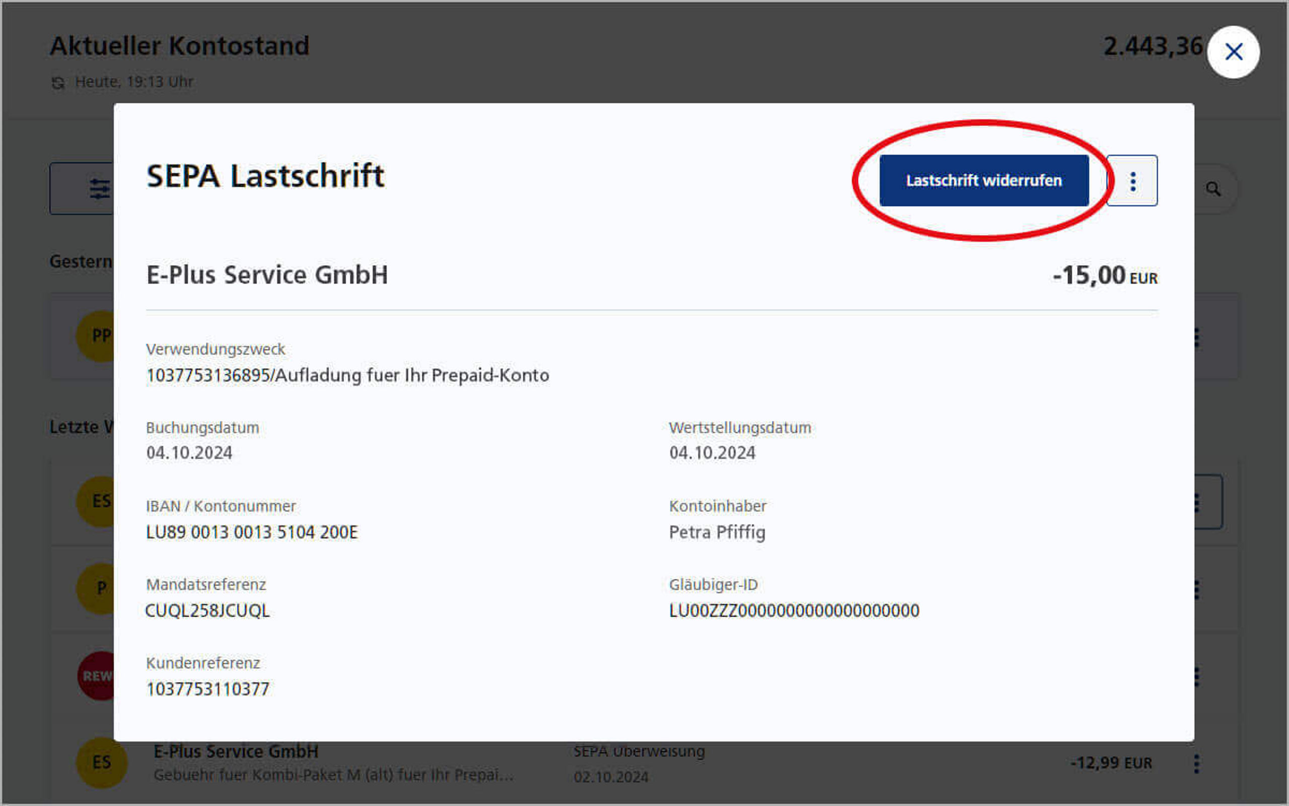 Screenshot vom Postbank Online-Banking zum Widerrufen einer Lastschrift