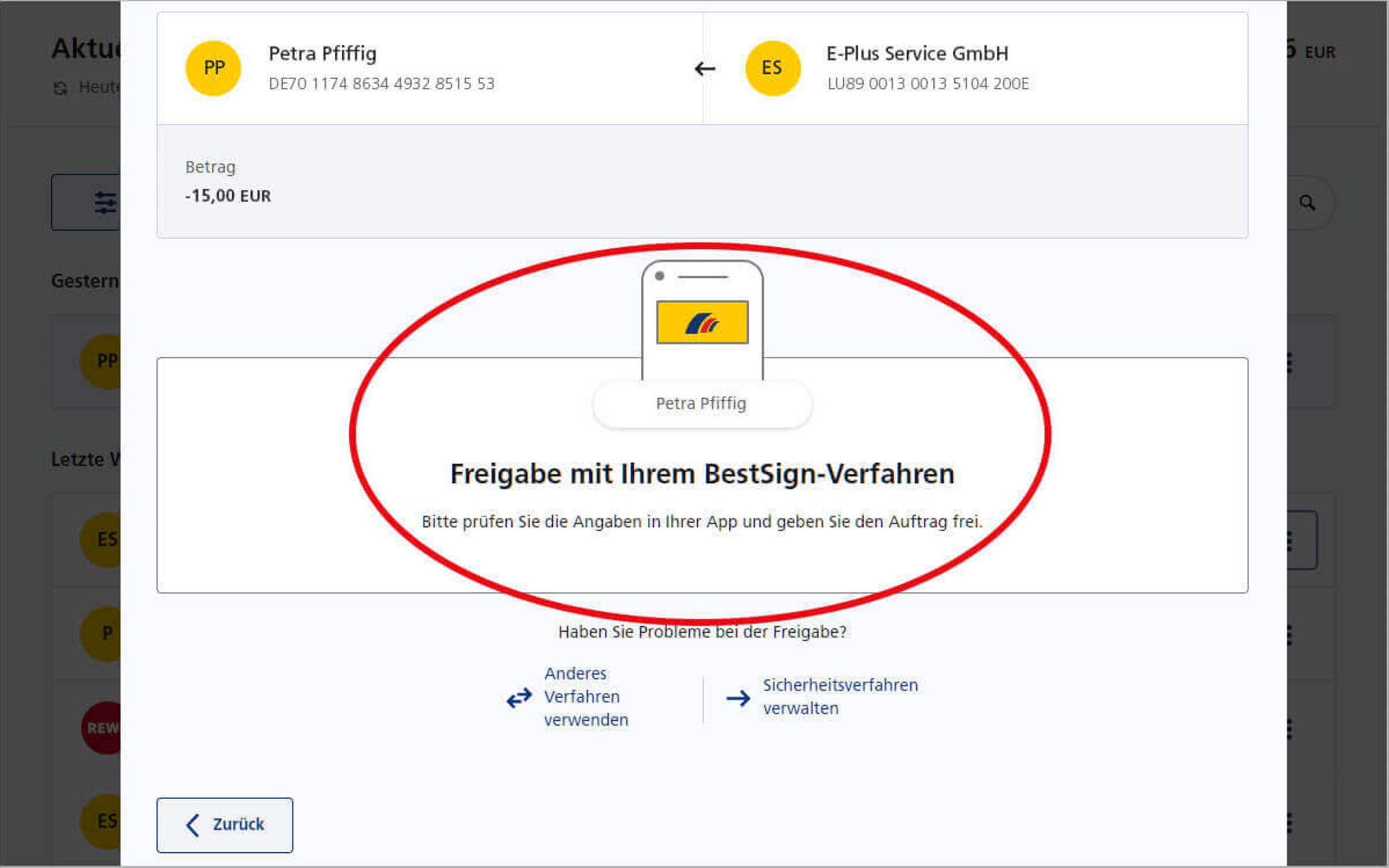 Screenshot vom Postbank Online-Banking zum Widerrufen einer Lastschrift