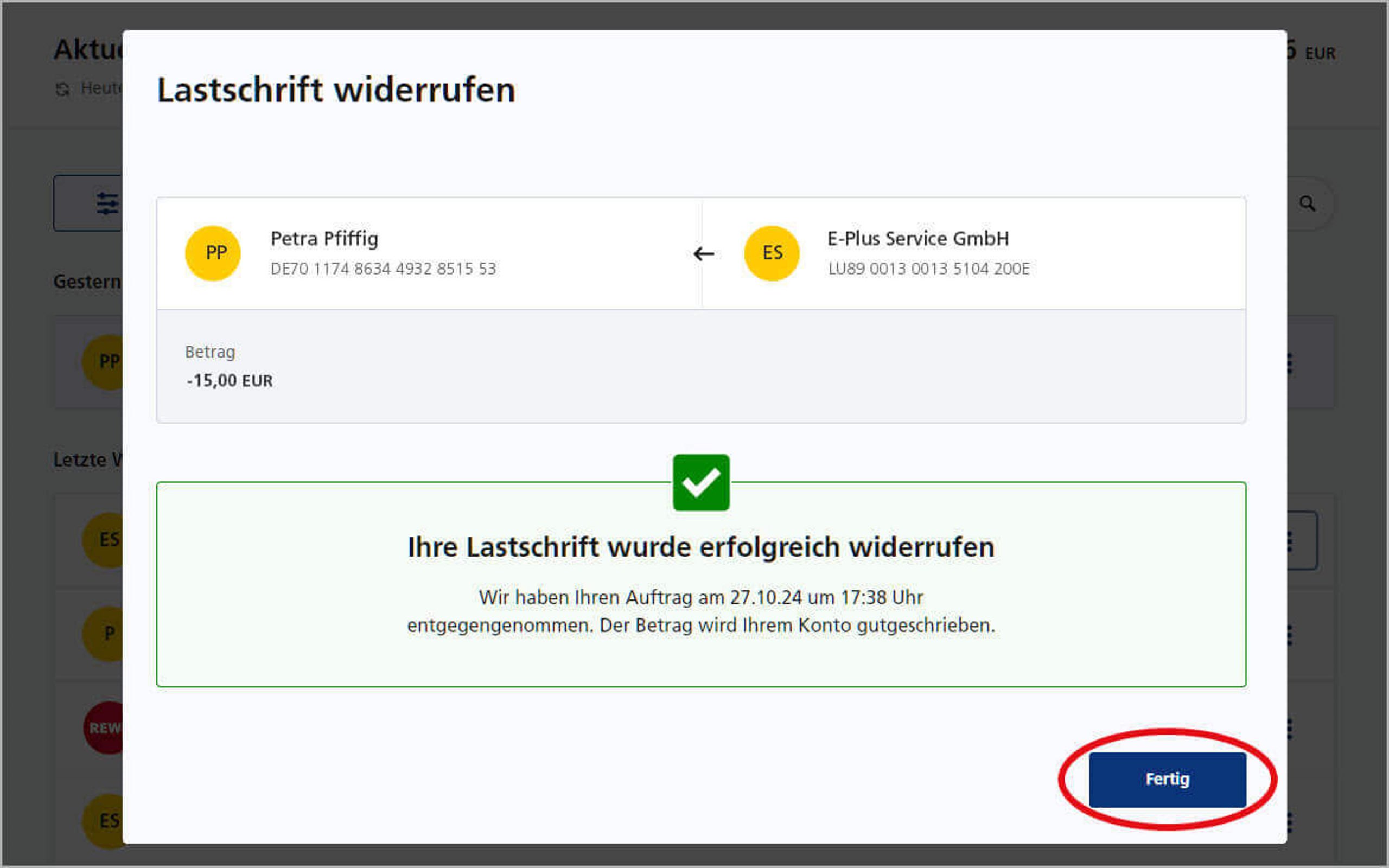 Screenshot vom Postbank Online-Banking zum Widerrufen einer Lastschrift