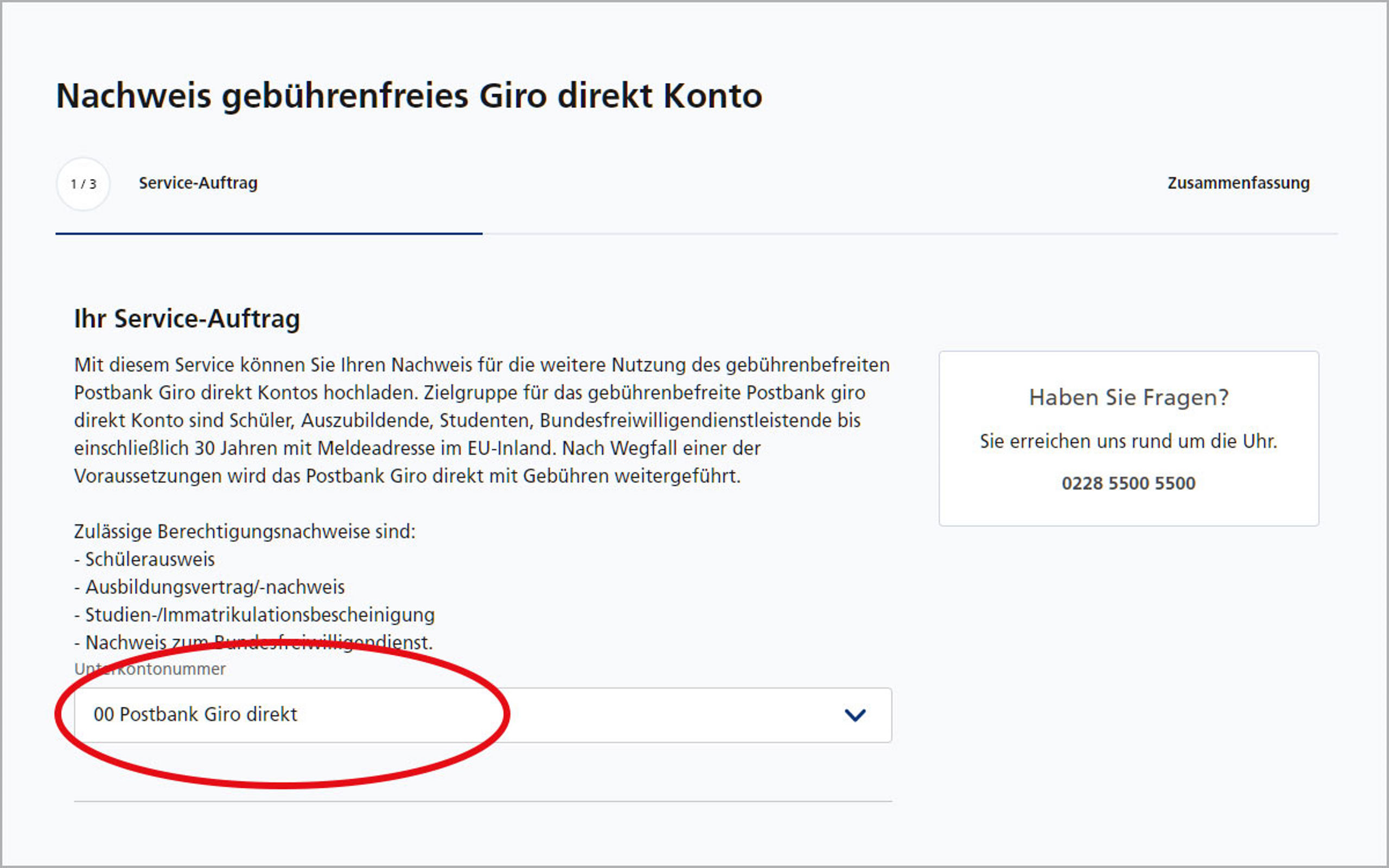 Screenshot vom Postbank Online-Banking zum Hochladen eines Nachweises ein gebührenfreies Girokonto