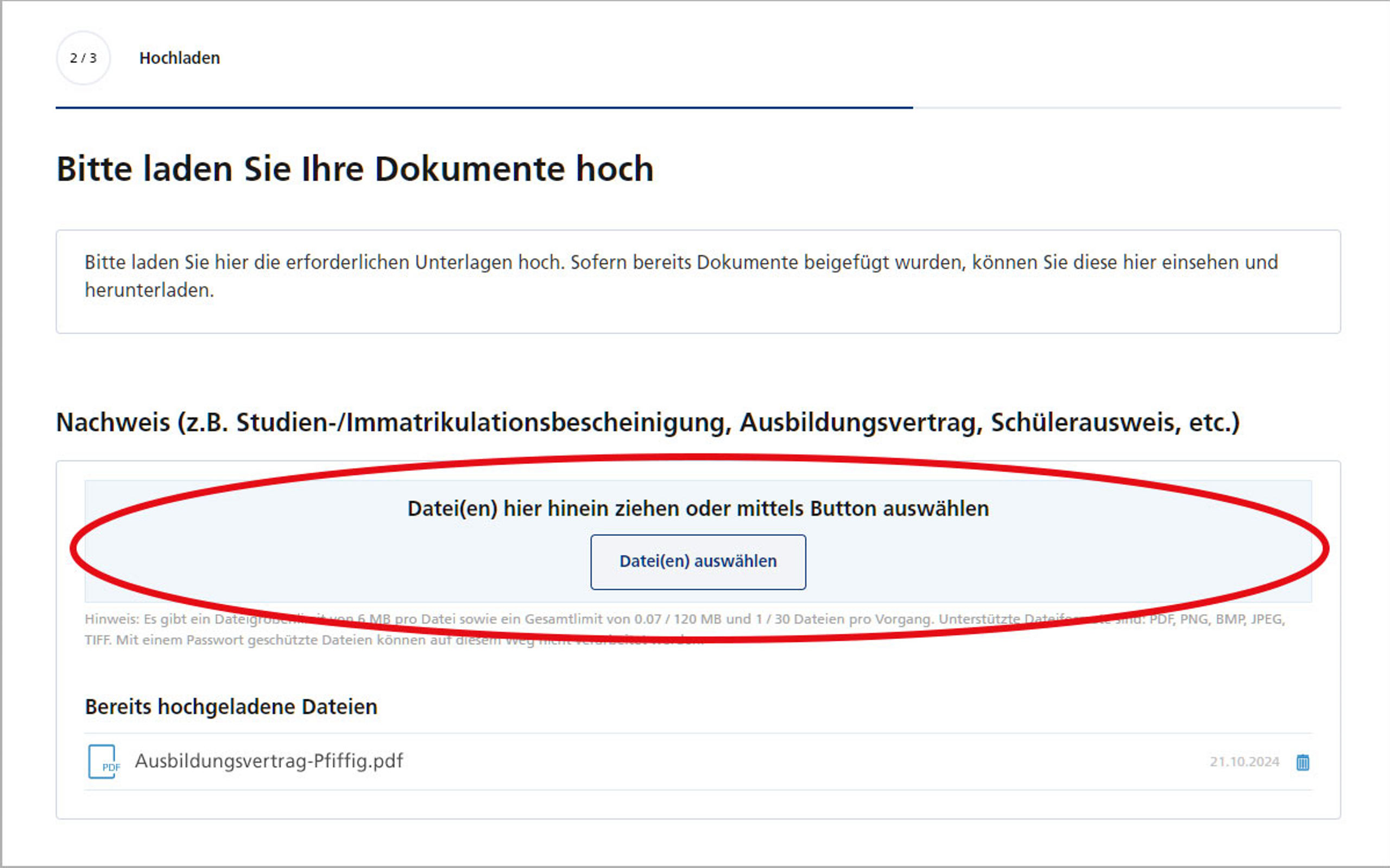 Screenshot vom Postbank Online-Banking zum Hochladen eines Nachweises ein gebührenfreies Girokonto