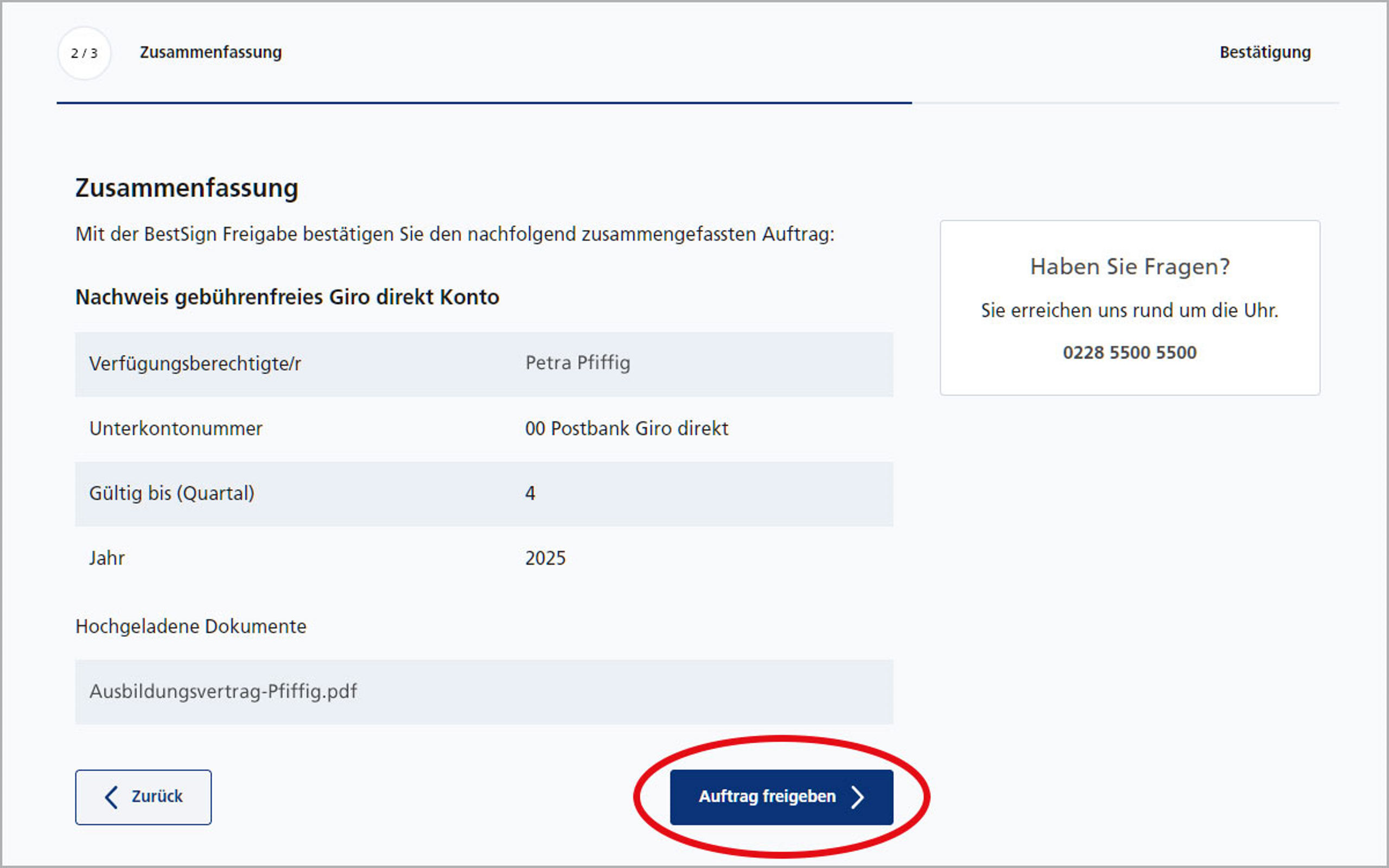 Screenshot vom Postbank Online-Banking zum Hochladen eines Nachweises ein gebührenfreies Girokonto