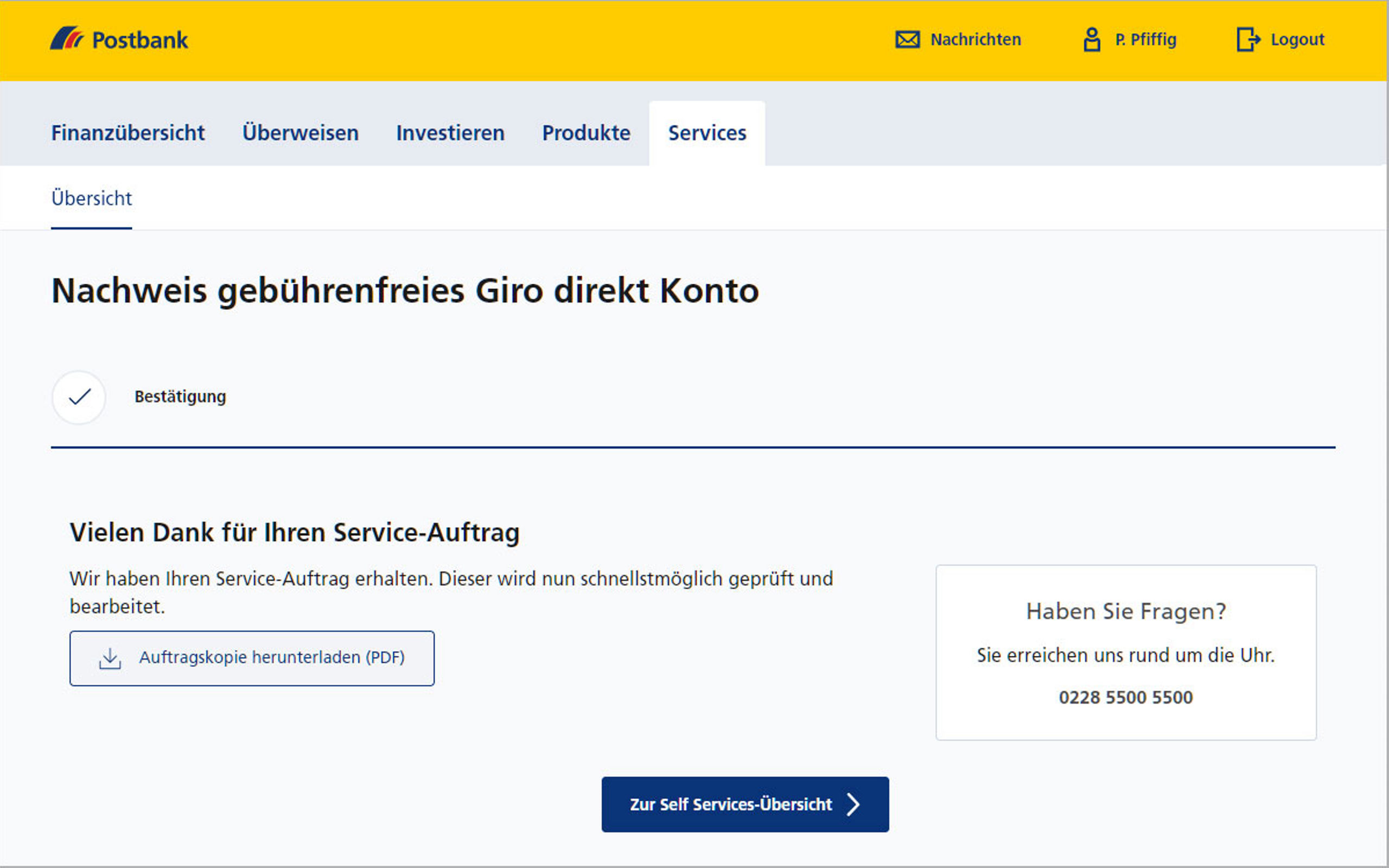 Screenshot vom Postbank Online-Banking zum Hochladen eines Nachweises ein gebührenfreies Girokonto