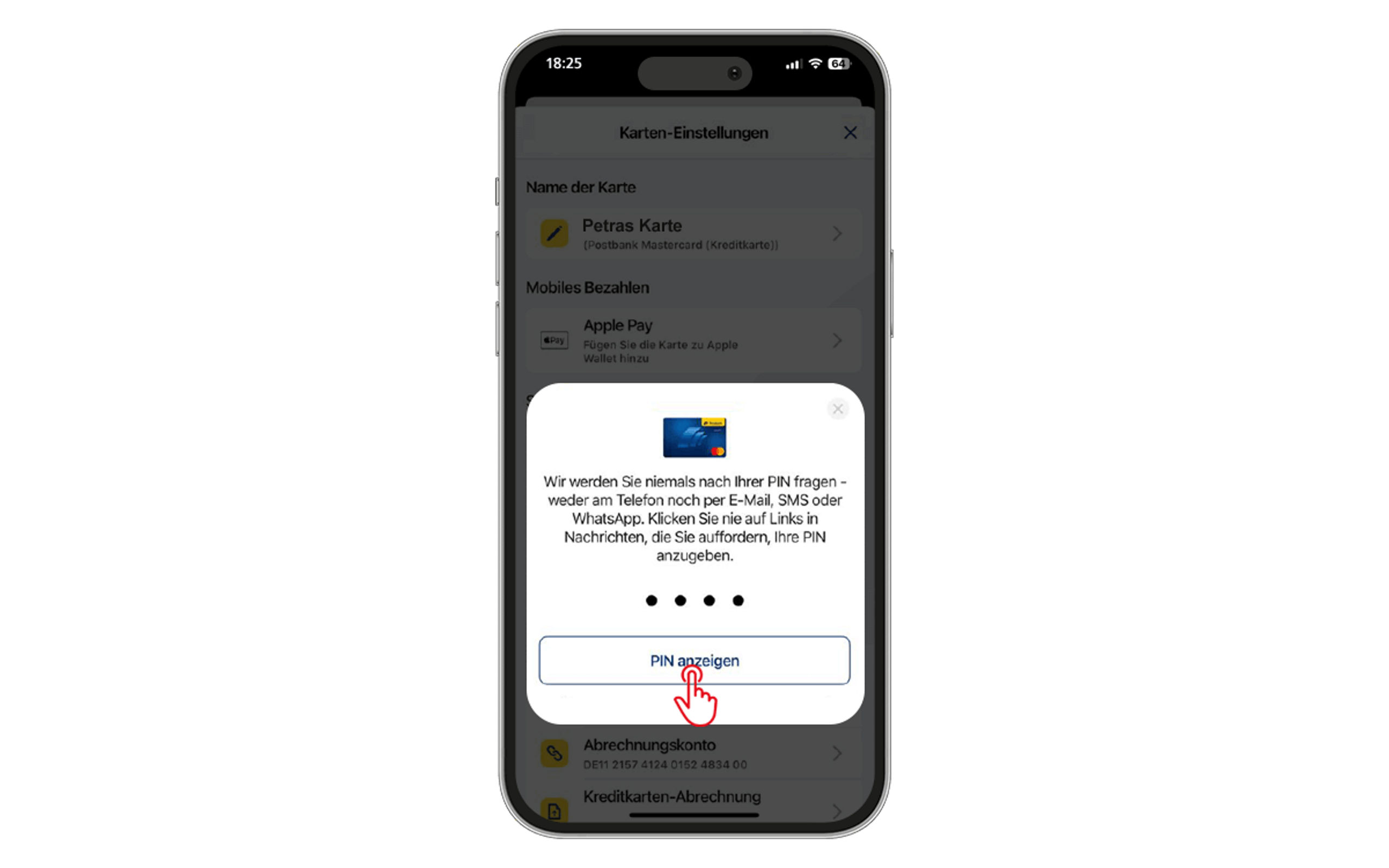 Screenshot von der Postbank App zum Anzeigen der PIN