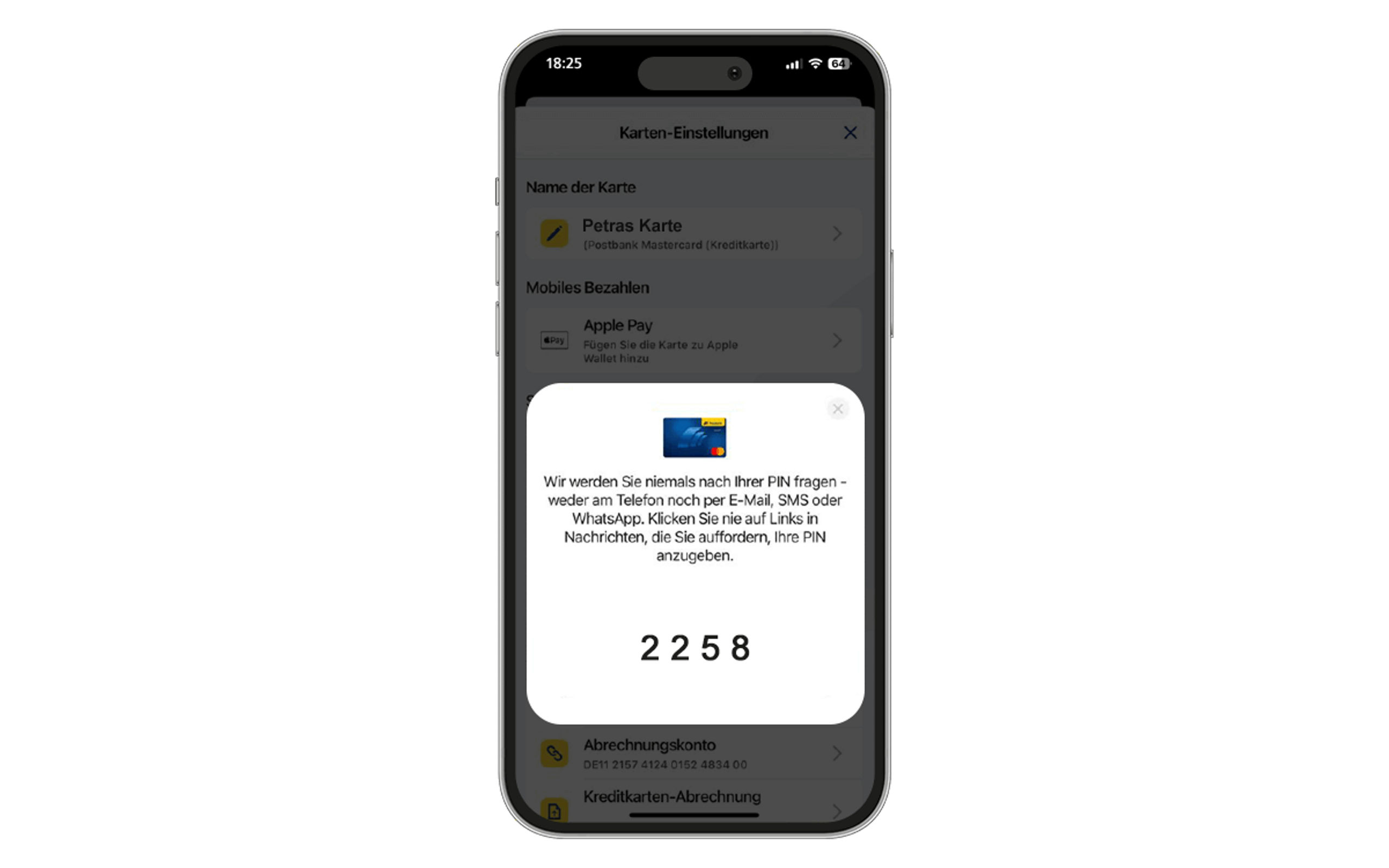 Screenshot von der Postbank App zum Anzeigen der PIN