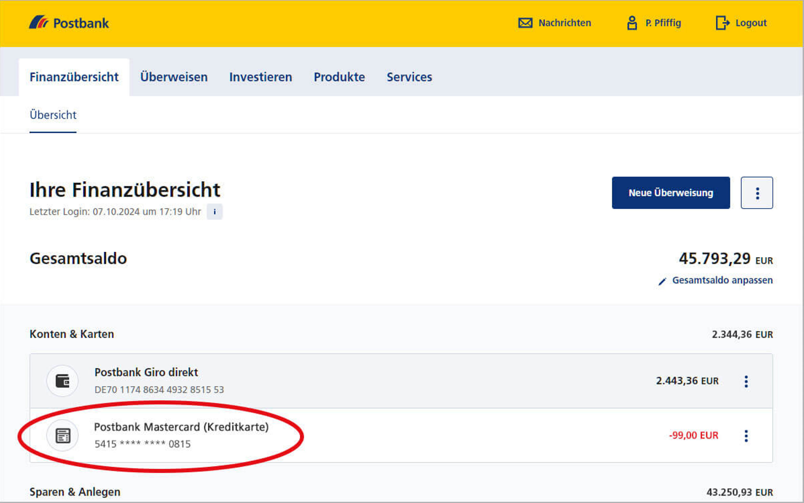 Screenshot vom Postbank Online-Banking zum Anzeigen der PIN