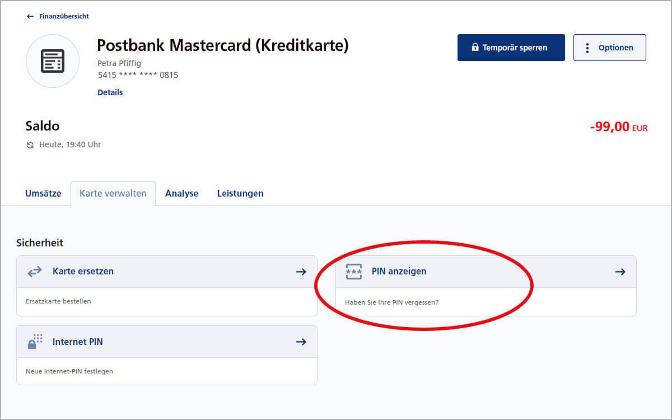 Screenshot vom Postbank Online-Banking zum Anzeigen der PIN