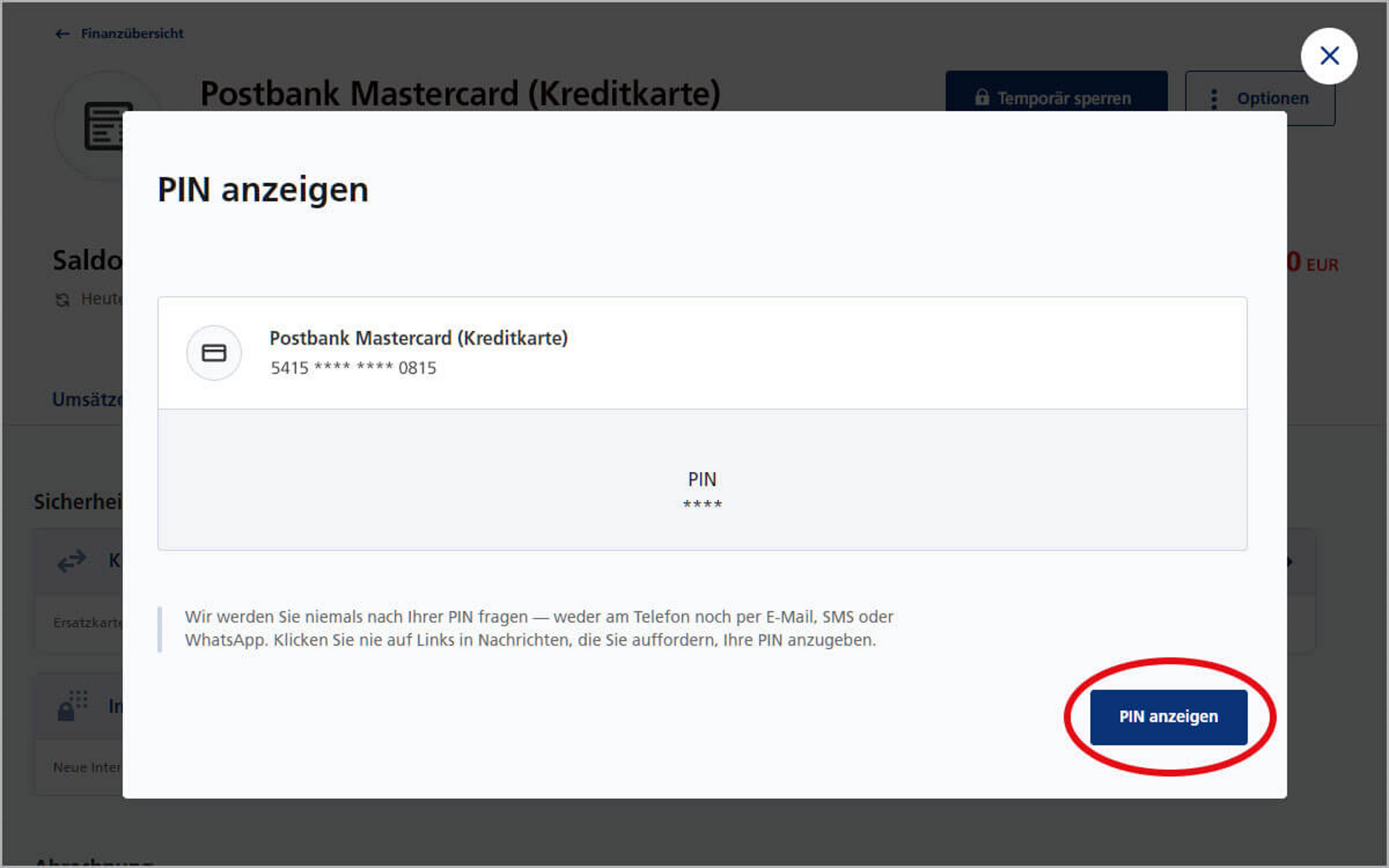 Screenshot vom Postbank Online-Banking zum Anzeigen der PIN