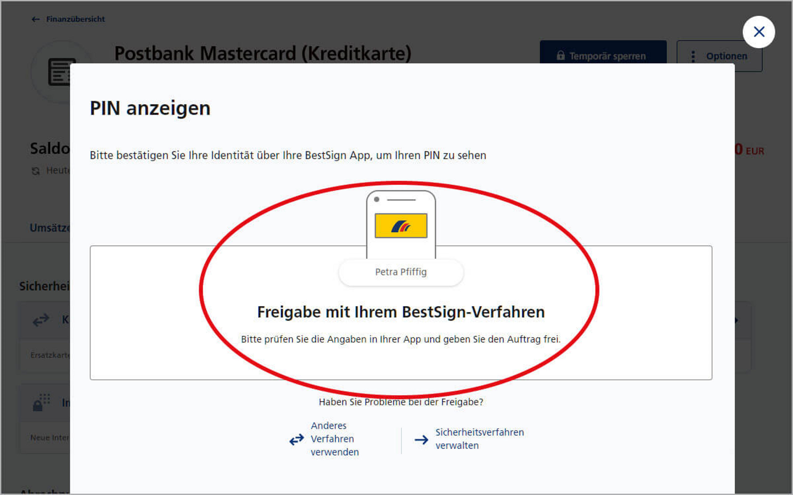 Screenshot vom Postbank Online-Banking zum Anzeigen der PIN