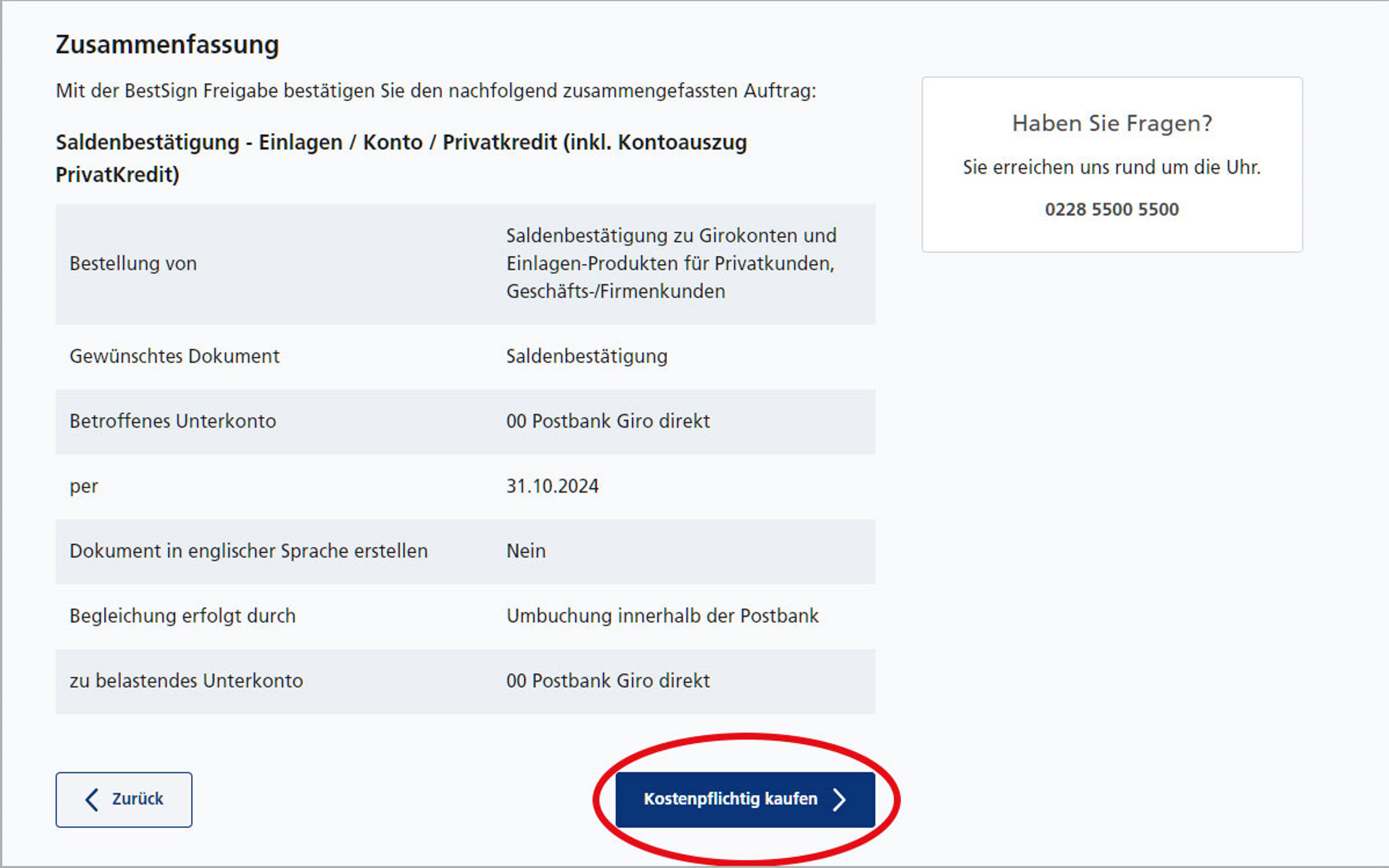 Screenshot vom Postbank Online-Banking zum Anfordern einer Saldenbestätigung