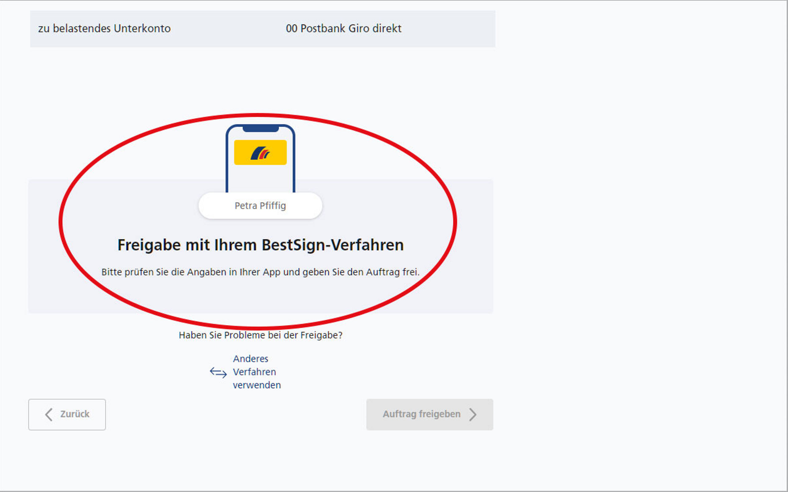 Screenshot vom Postbank Online-Banking zum Anfordern einer Saldenbestätigung