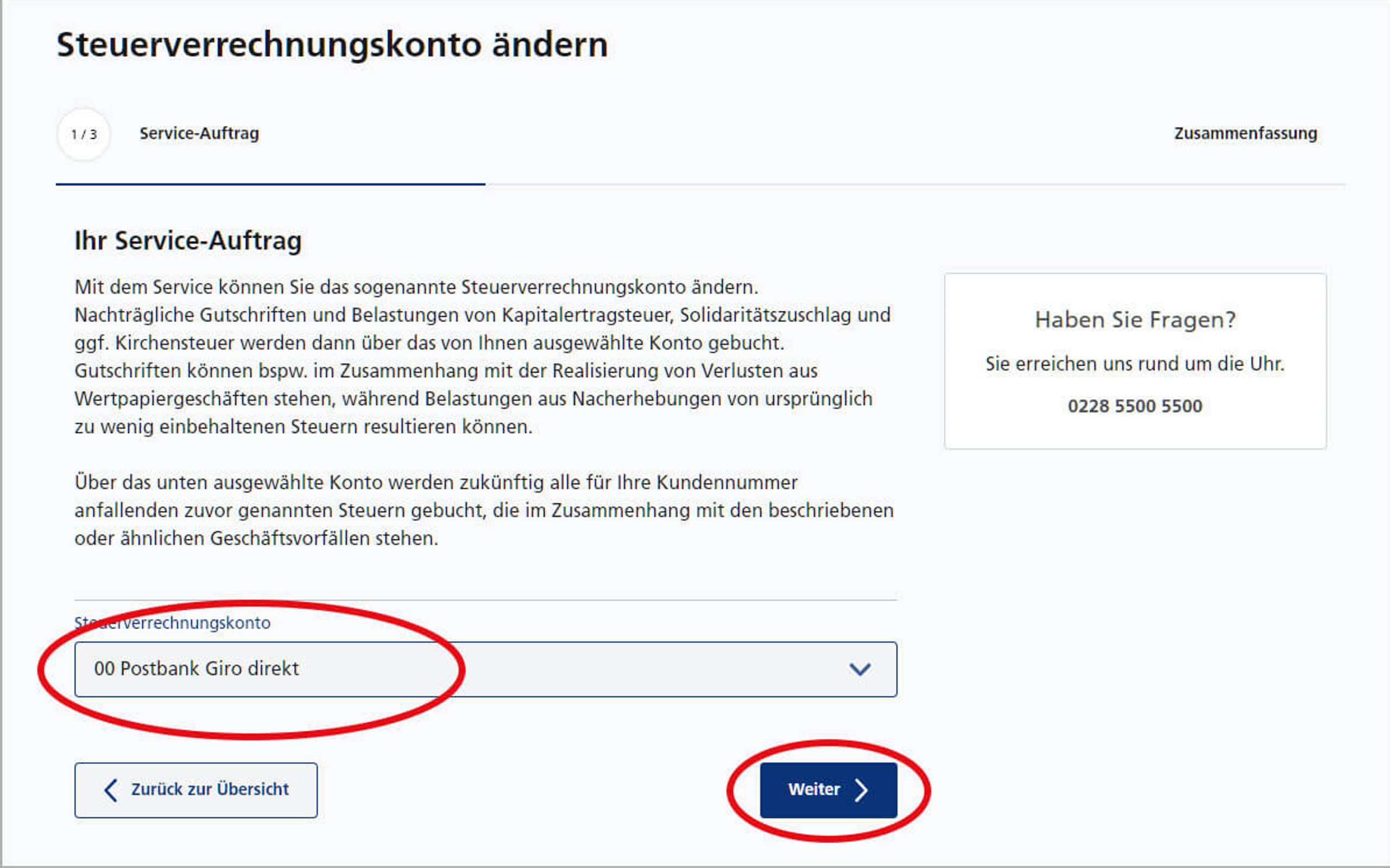 Screenshot vom Postbank Online-Banking zum Ändern des Steuer-Verrechnungskontos