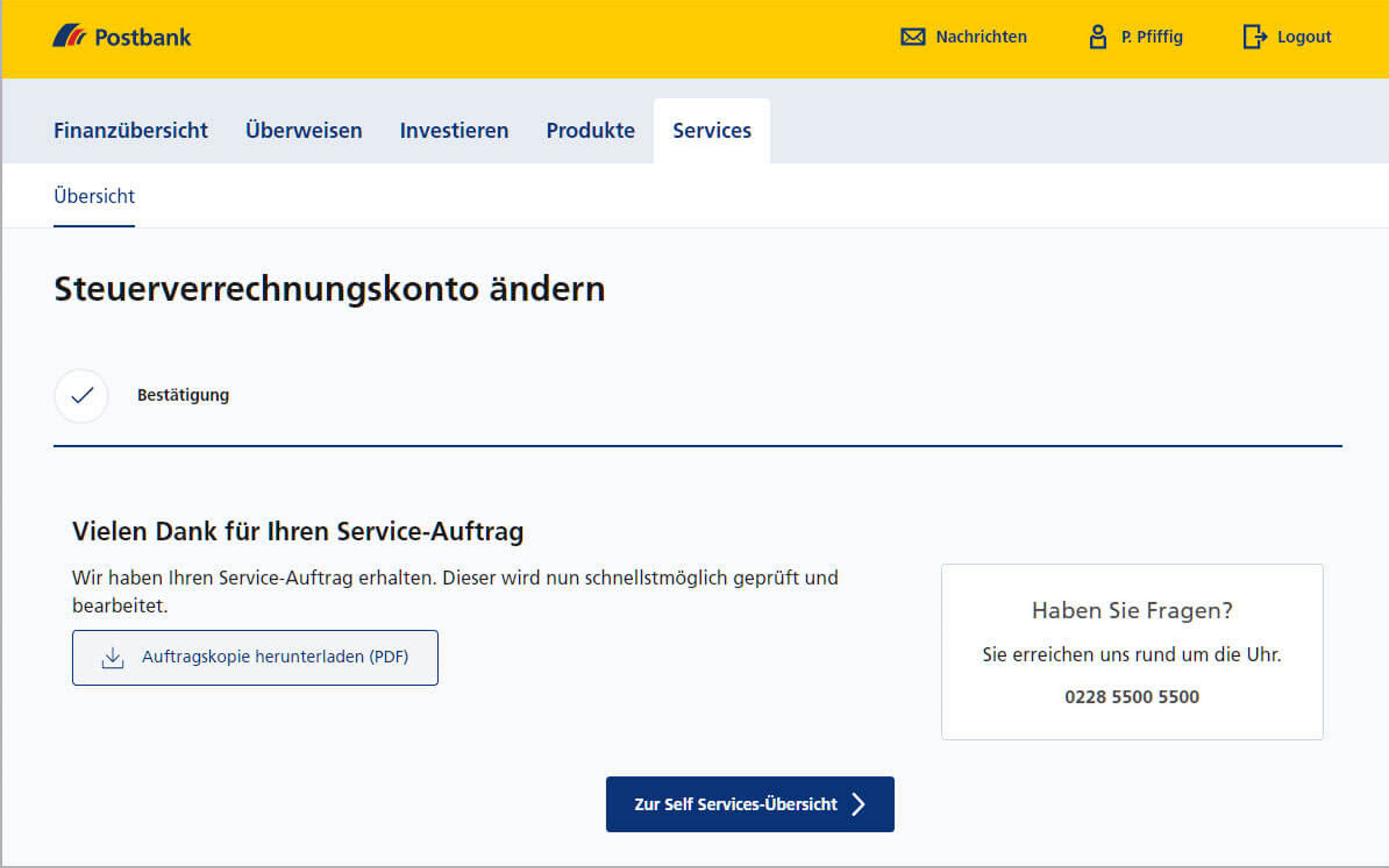 Screenshot vom Postbank Online-Banking zum Ändern des Steuer-Verrechnungskontos