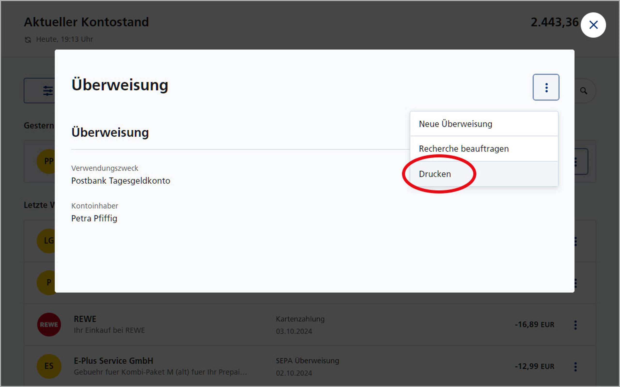 Screenshot vom Postbank Online-Banking zum Ausdrucken von Überweisungen