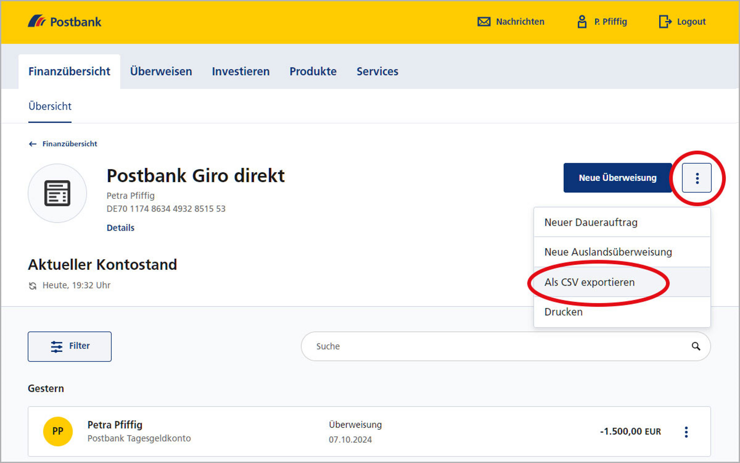 Screenshot vom Postbank Online-Banking zum Export von Umsätzen