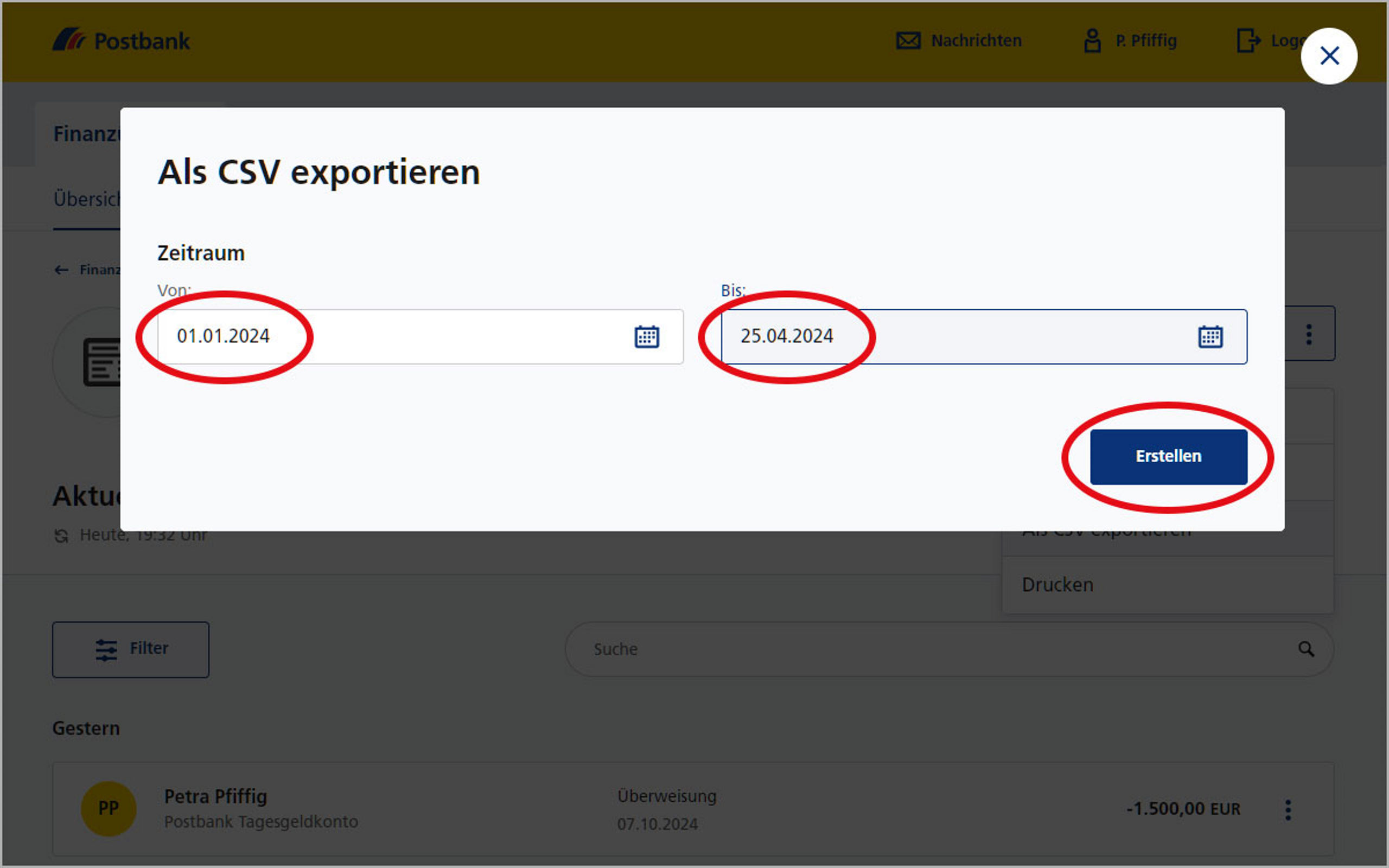 Screenshot vom Postbank Online-Banking zum Export von Umsätzen