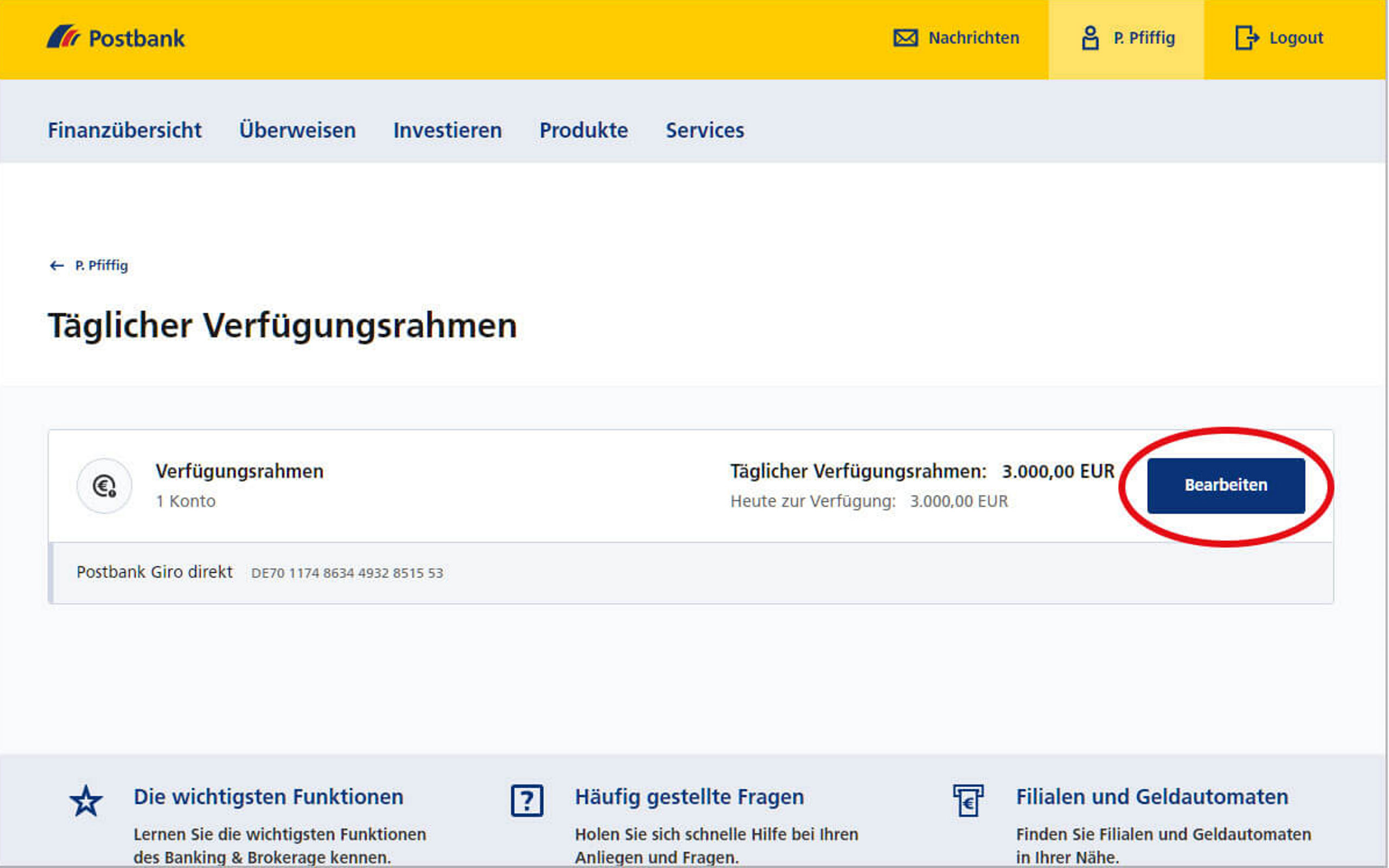 Screenshot vom Postbank Online-Banking zum Ändern des täglichen Verfügungsrahmens