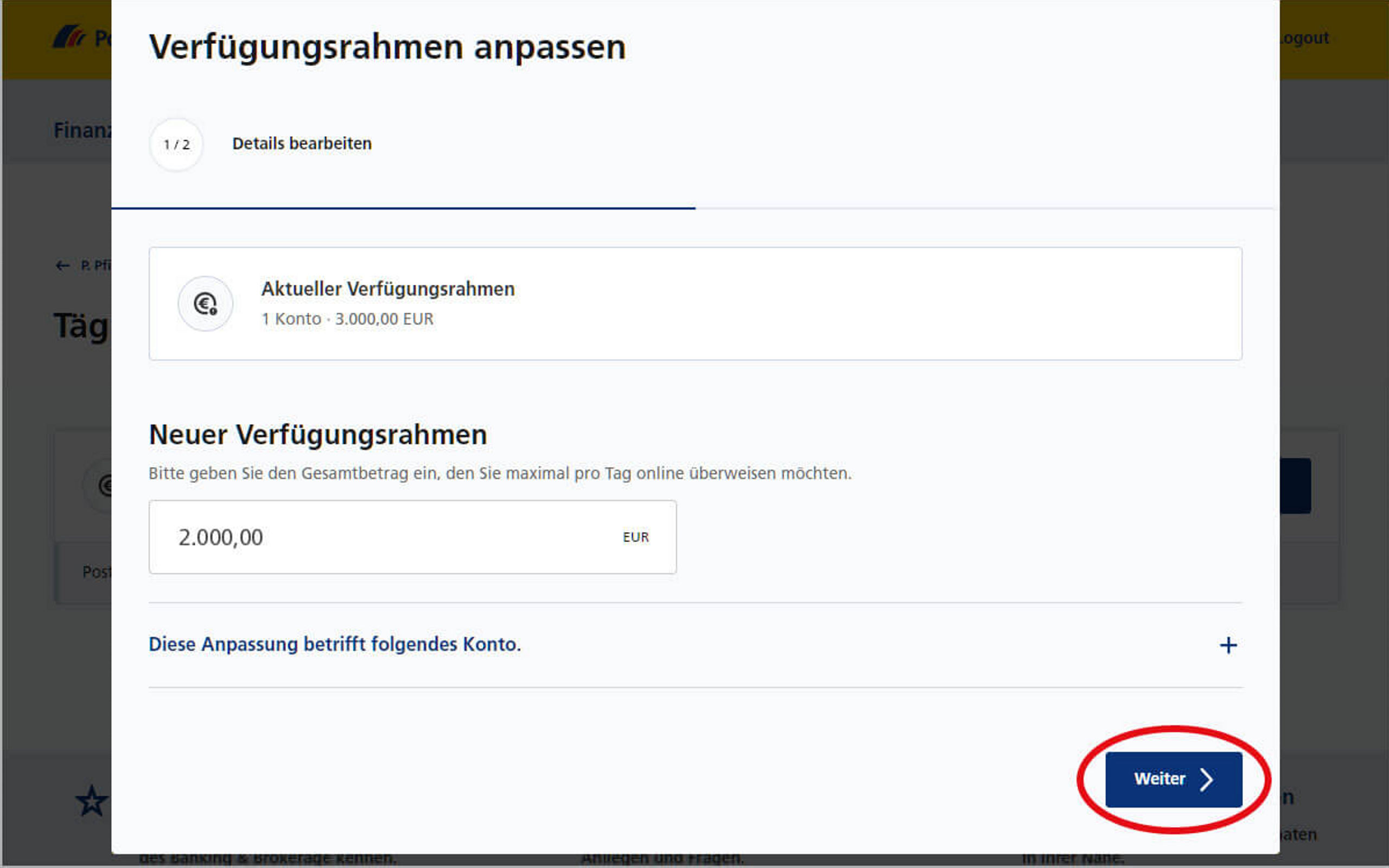 Screenshot vom Postbank Online-Banking zum Ändern des täglichen Verfügungsrahmens