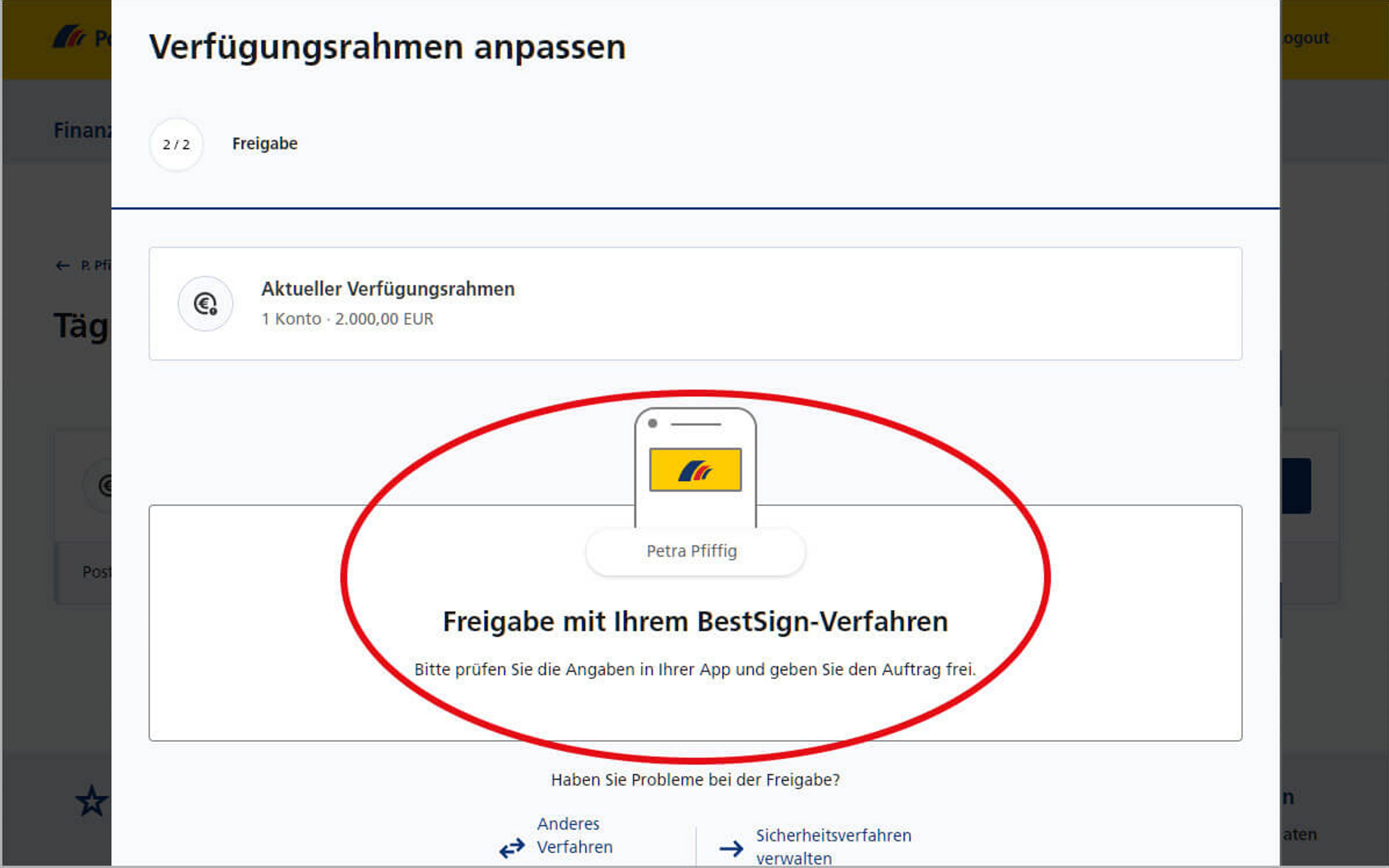 Screenshot vom Postbank Online-Banking zum Ändern des täglichen Verfügungsrahmens