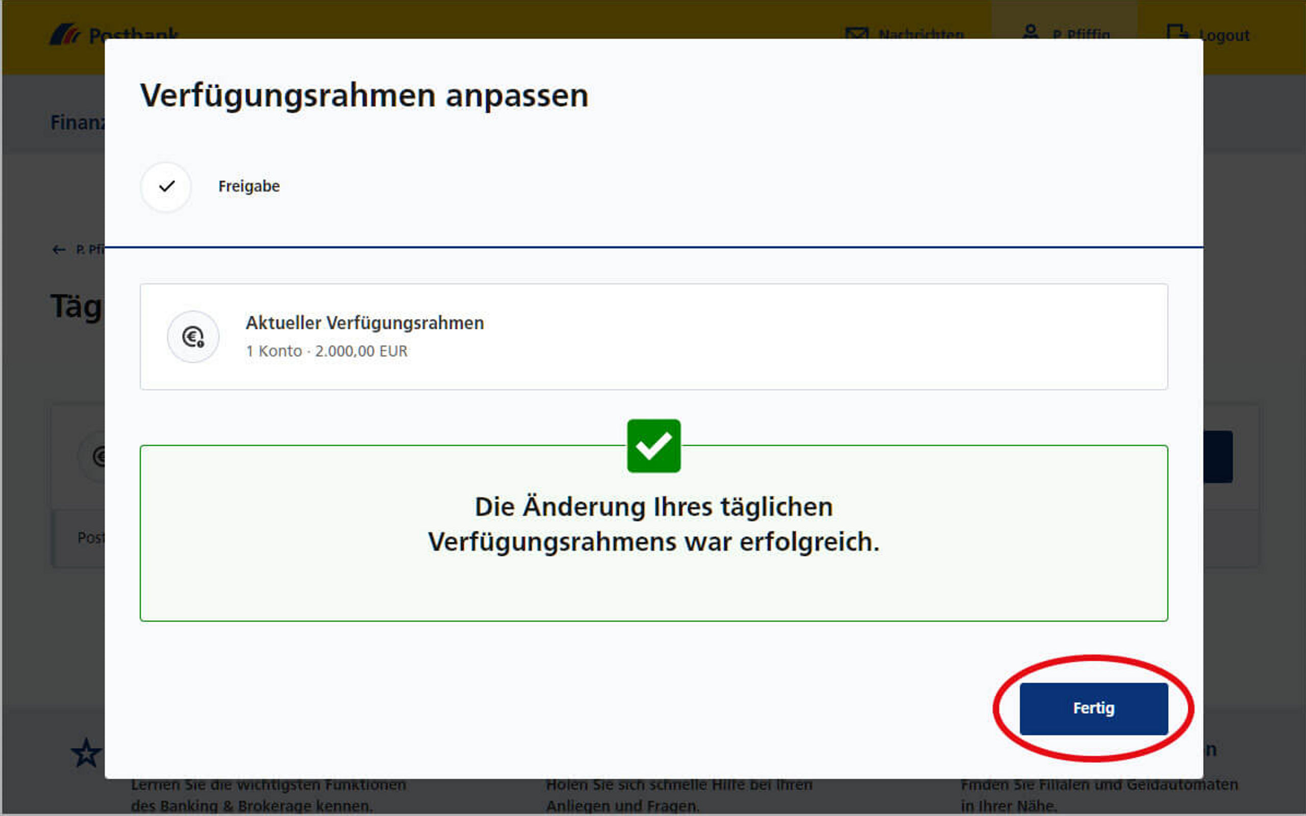 Screenshot vom Postbank Online-Banking zum Ändern des täglichen Verfügungsrahmens