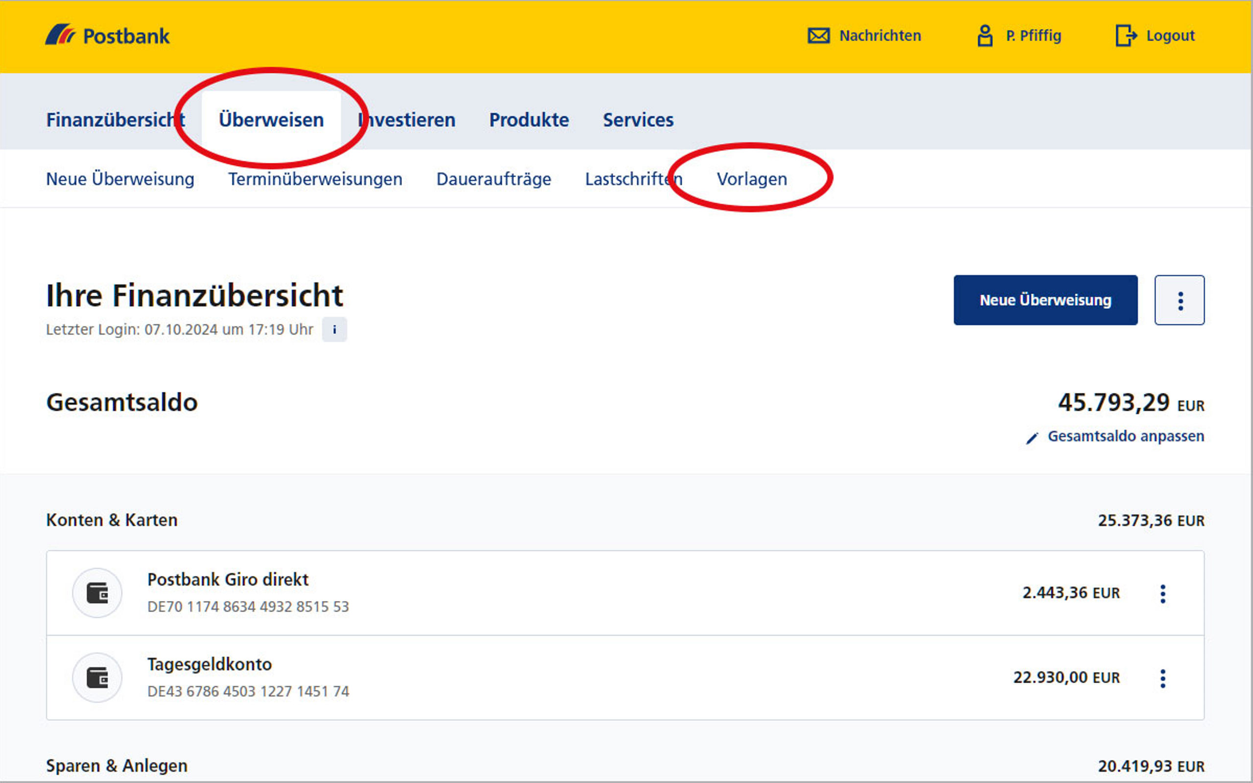 Screenshot vom Postbank Online-Banking zum Anlegen von Überweisungsvorlagen