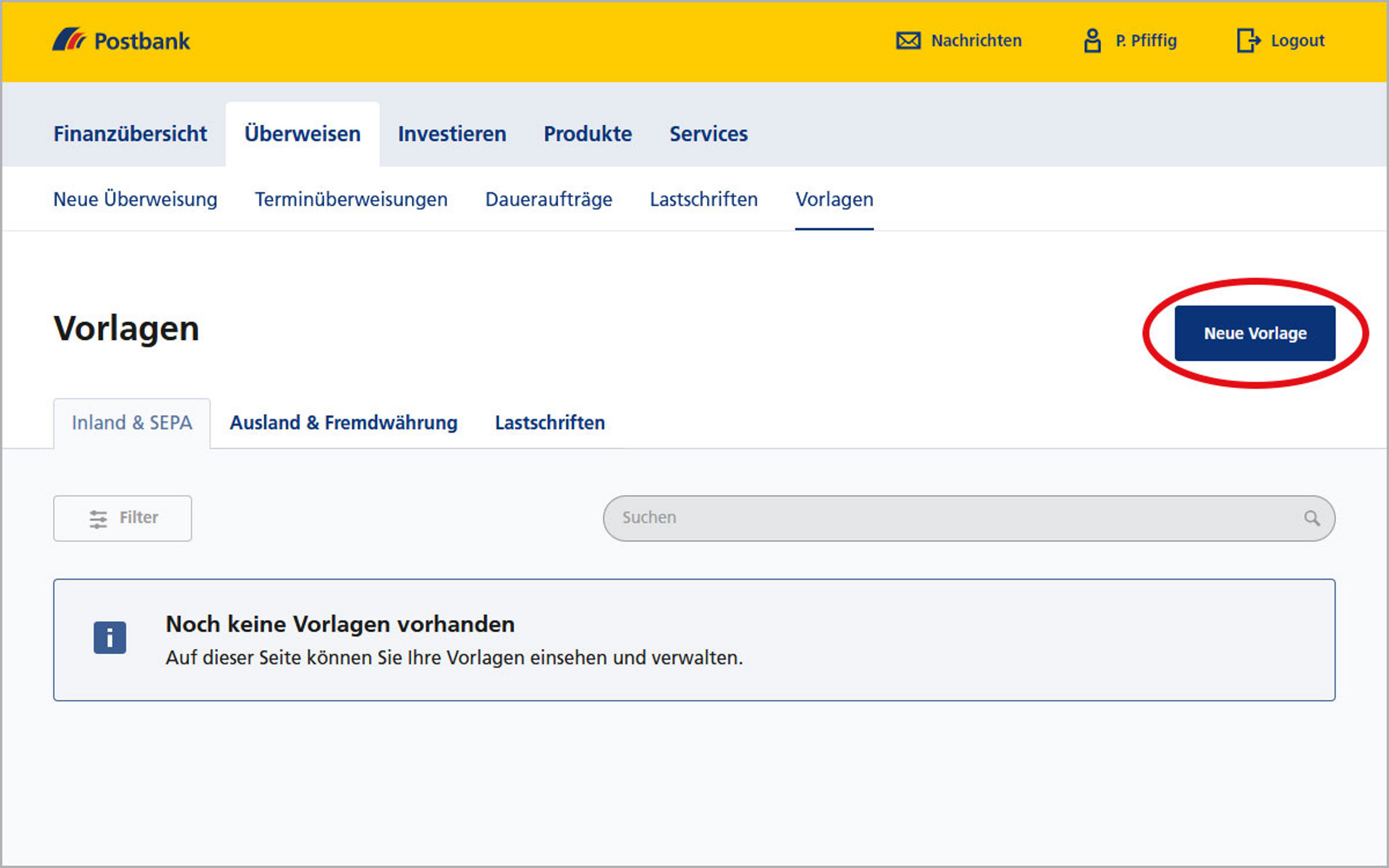 Screenshot vom Postbank Online-Banking zum Anlegen von Überweisungsvorlagen