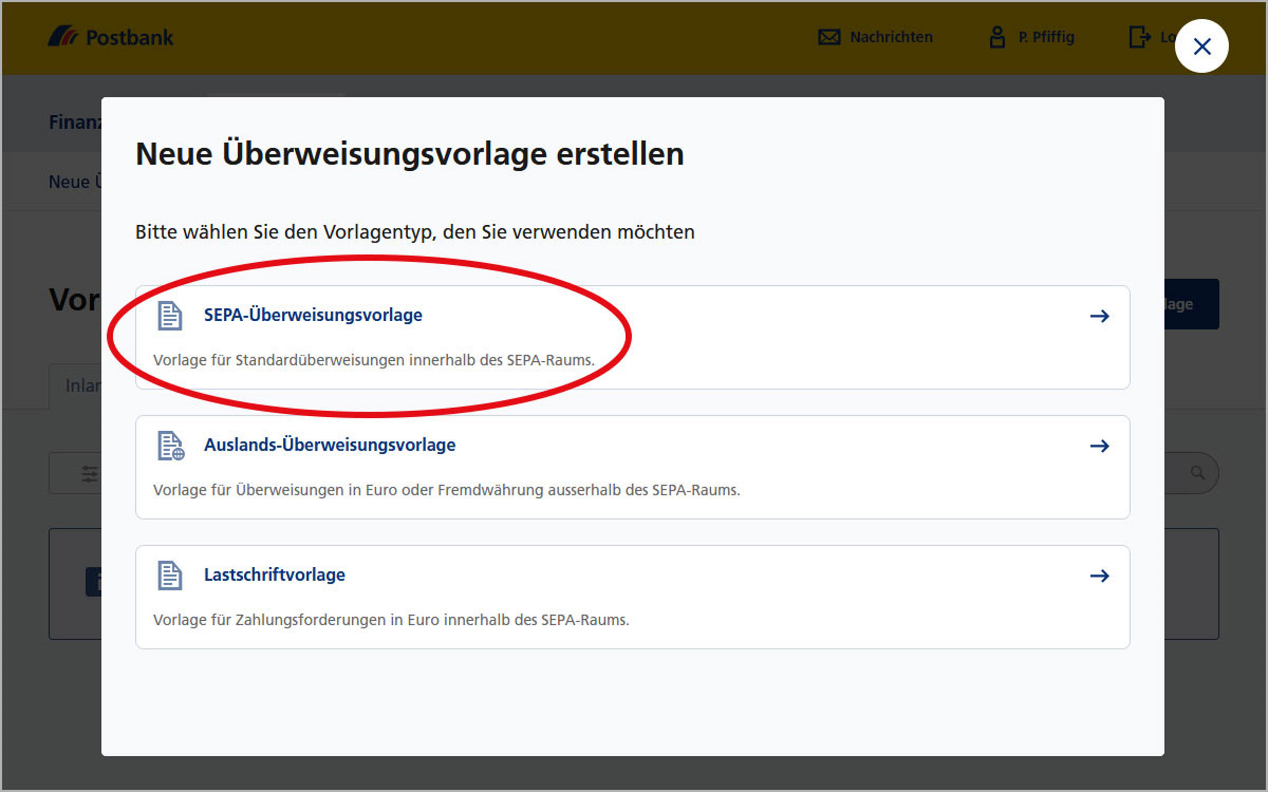 Screenshot vom Postbank Online-Banking zum Anlegen von Überweisungsvorlagen