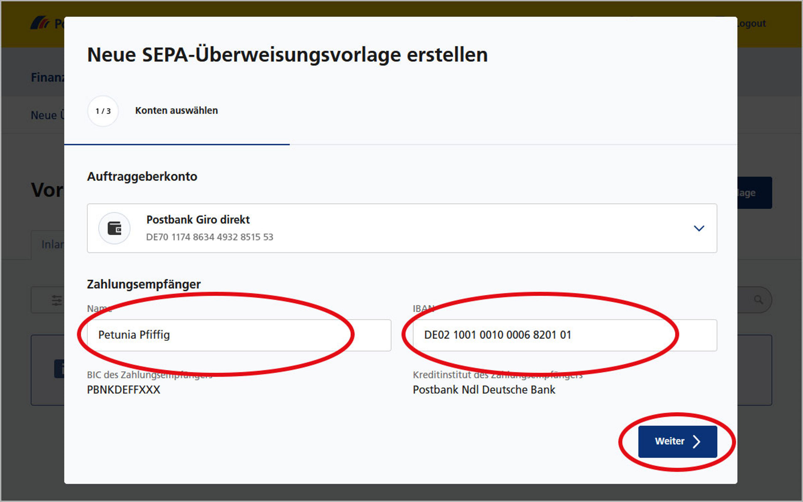 Screenshot vom Postbank Online-Banking zum Anlegen von Überweisungsvorlagen