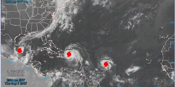 Katia, Irma eta Jose urakanak, Atlantikoan aldi berean. Argazkia: NHC