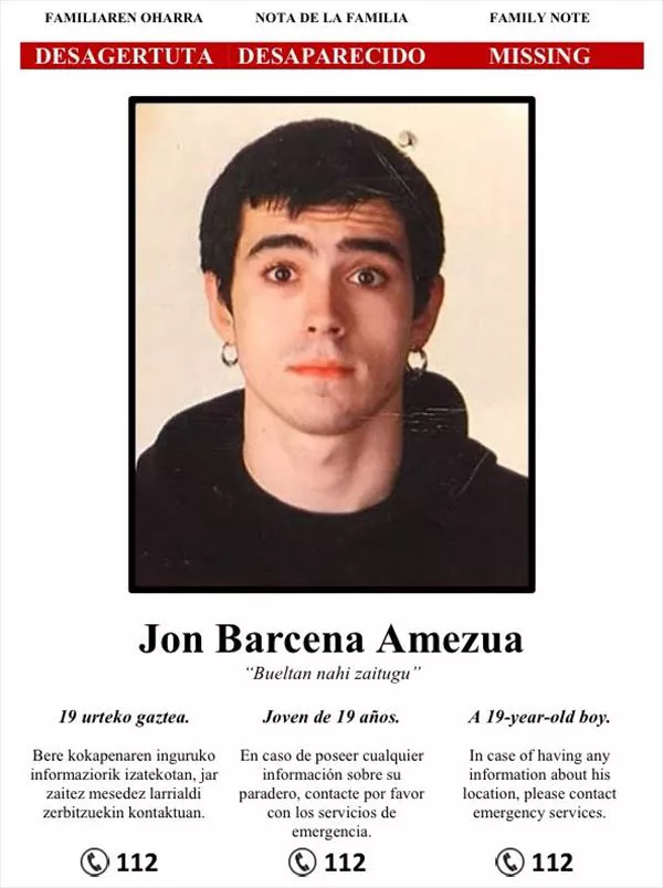 Imagen de un cartel difundido por la familia de Jon Barcena en redes sociales.
