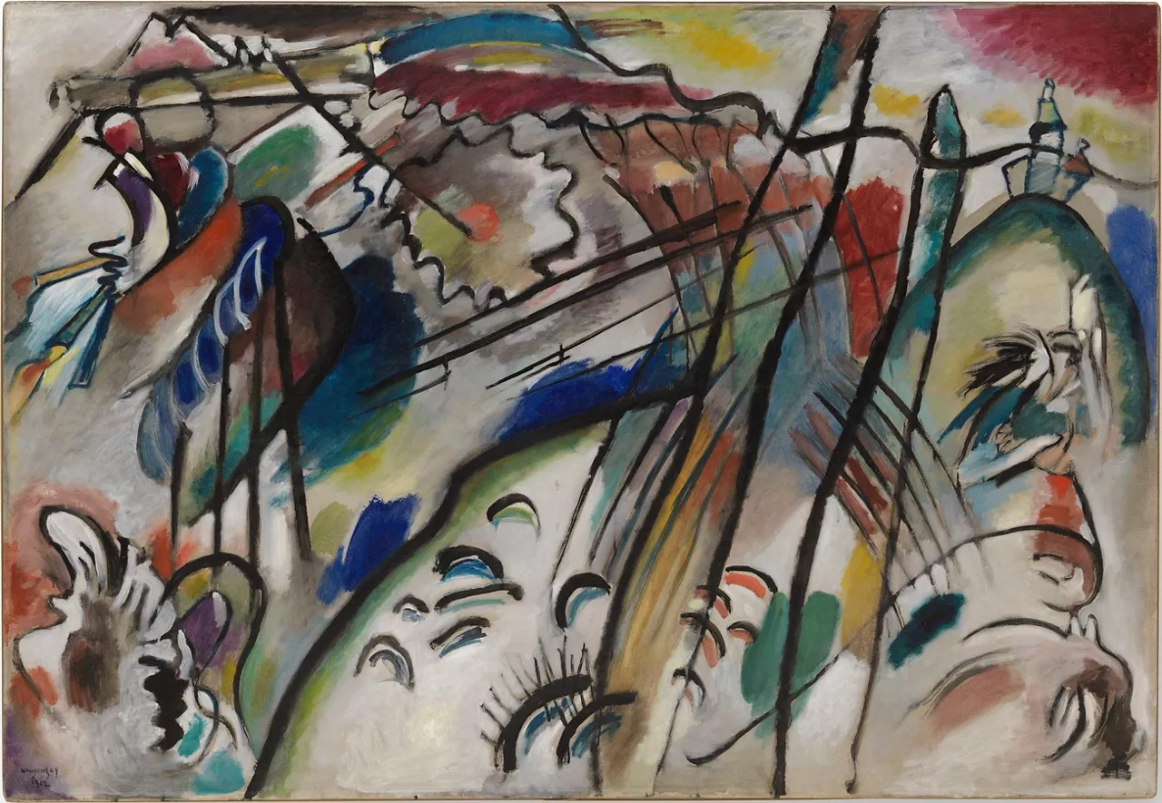 Vasily Kandinsky 
Improvisation 28 (second version) (Improvisation 28 [zweite Fassung])
1912
Oil on canvas
43 7/8 x 63 7/8 inches (111.4 x 162.1 cm)
Solomon R. Guggenheim Museum, New York, Solomon R. Guggenheim Founding Collection, By gift
37.239
© [current year] Artists Rights Society (ARS), New York/ADAGP, Paris
Painting
Expressionism

Photo taken 02/19/2019