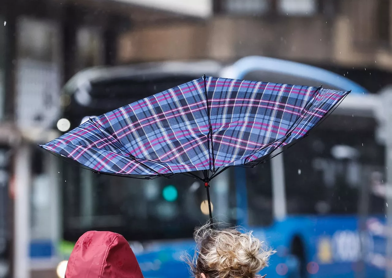 Un paraguas volteado por el viento. Foto: EFE