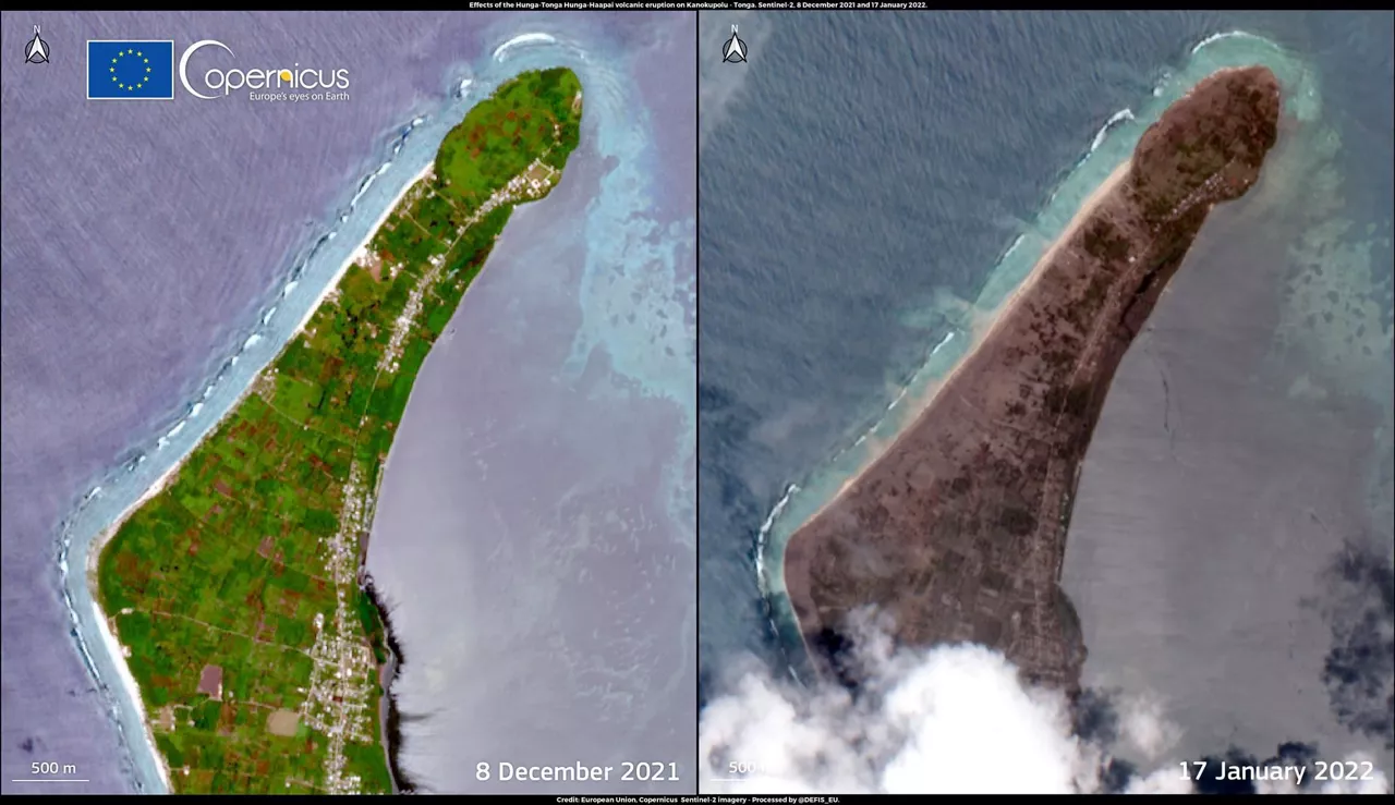 Kanokupolu, en la isla de Tongatapu (Tonga) antes y después de la erupción y el tsunami. Foto: EFE