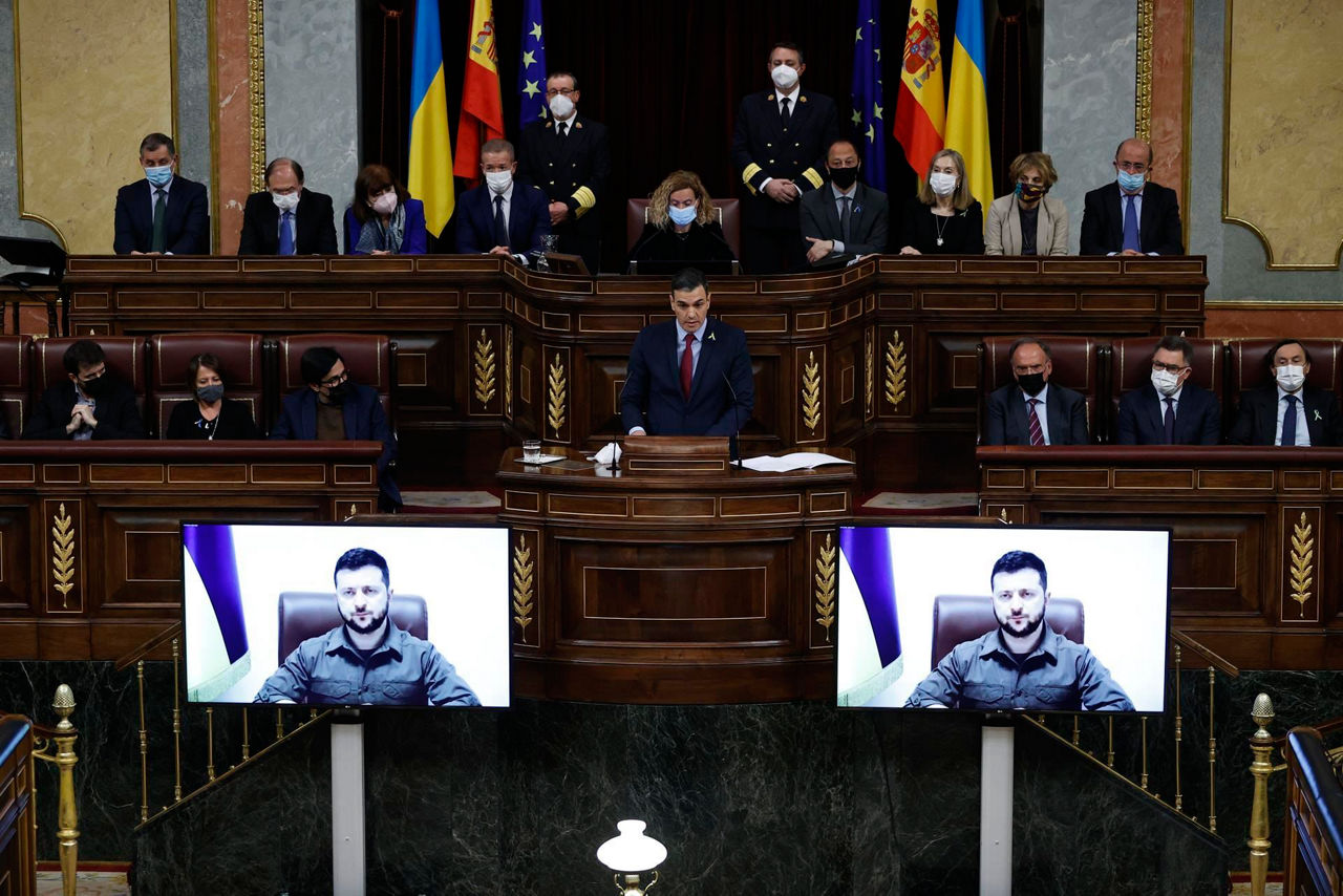 Volodimir Zelenski durante su intervención en el Congreso español. Foto: EFE