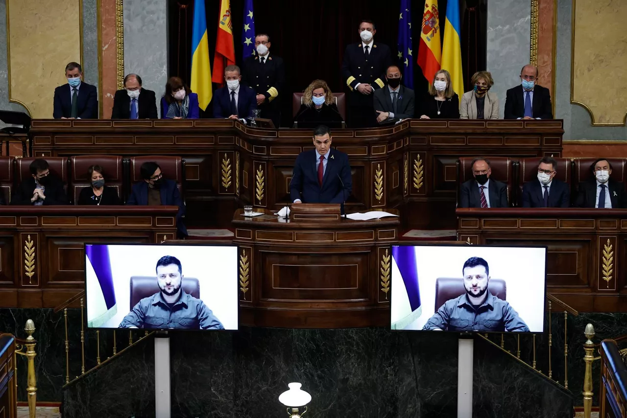 Volodimir Zelenski durante su intervención en el Congreso español. Foto: EFE
