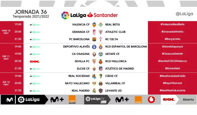 LaLiga 36. jardunaldiko ordutegiak