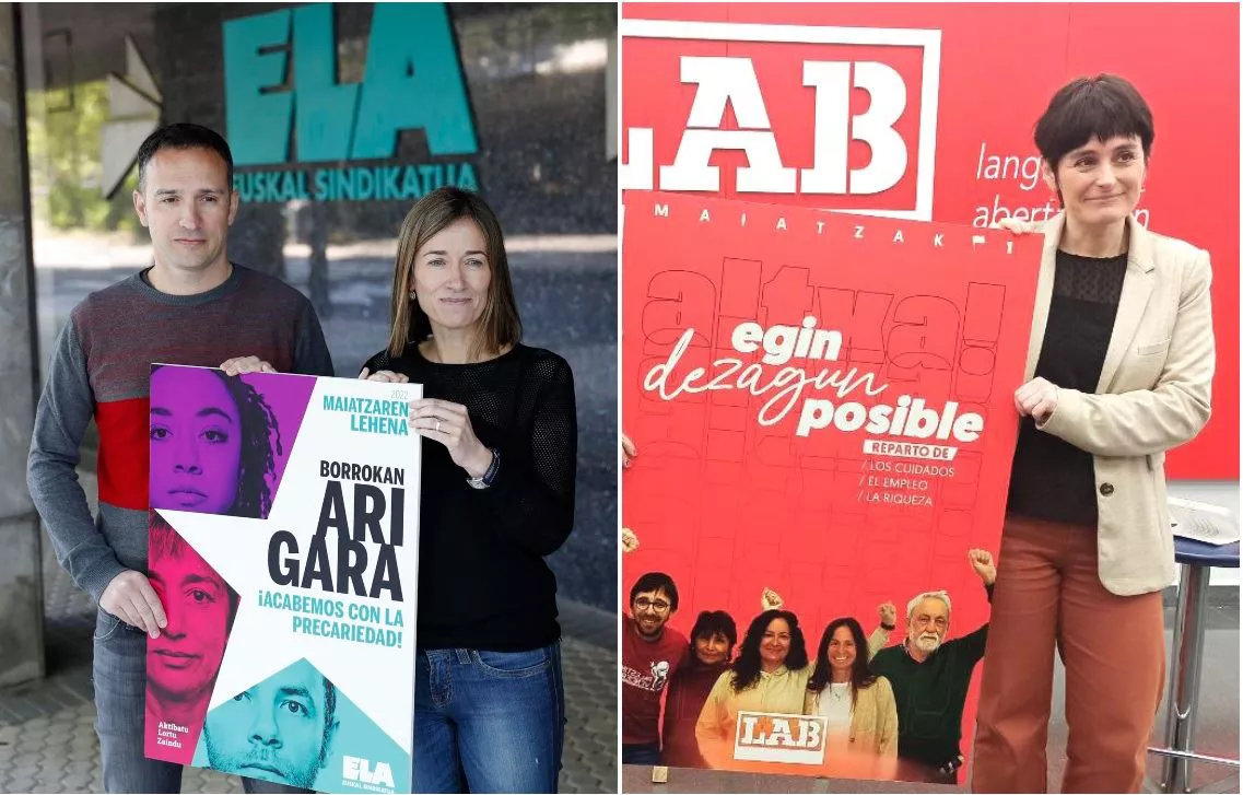 Representantes de ELA y LAB, en la presentación de sus respectivas movilizaciones.