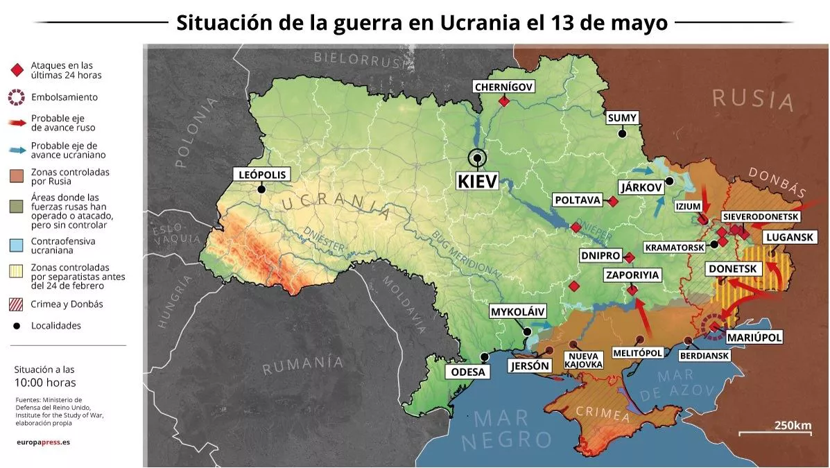 Mapa que muestra la situación bélica el 13 de mayo en Ucrania. Europa Press.