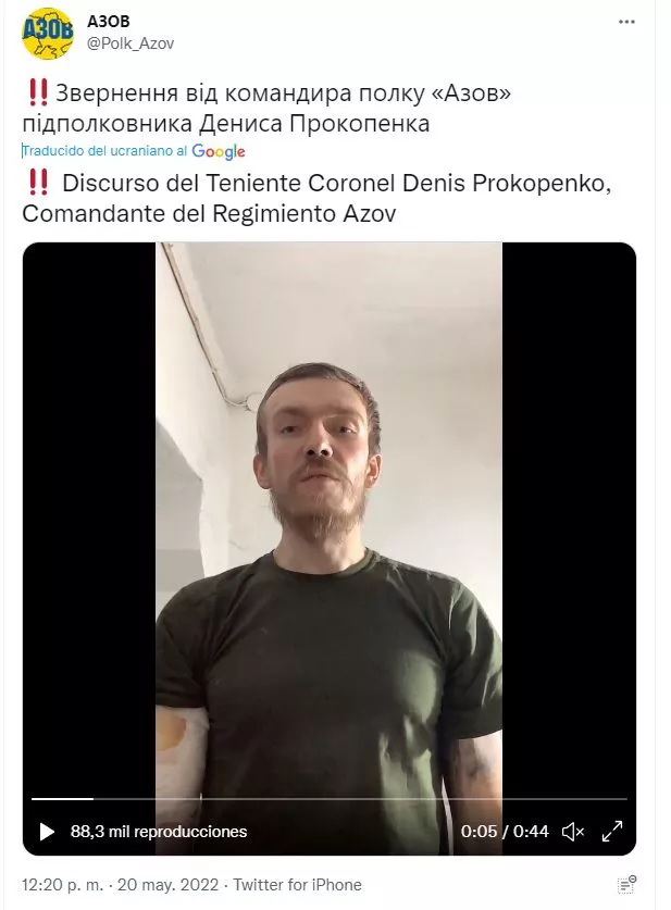 Denis Prokopenko Azoveko komandantea, sare sozialetan zabaldu duen bideotik hartutako irudia.