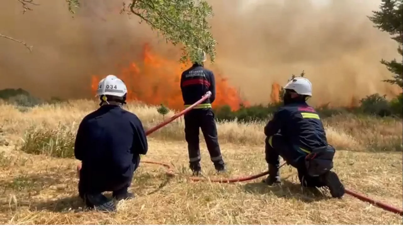 Bomberos de Álava, realizando labores de extinción en Navarra. 