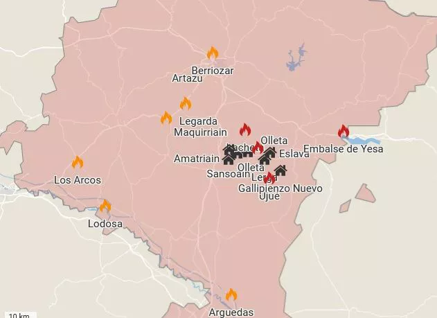 Mapa de los incendios de Navarra.