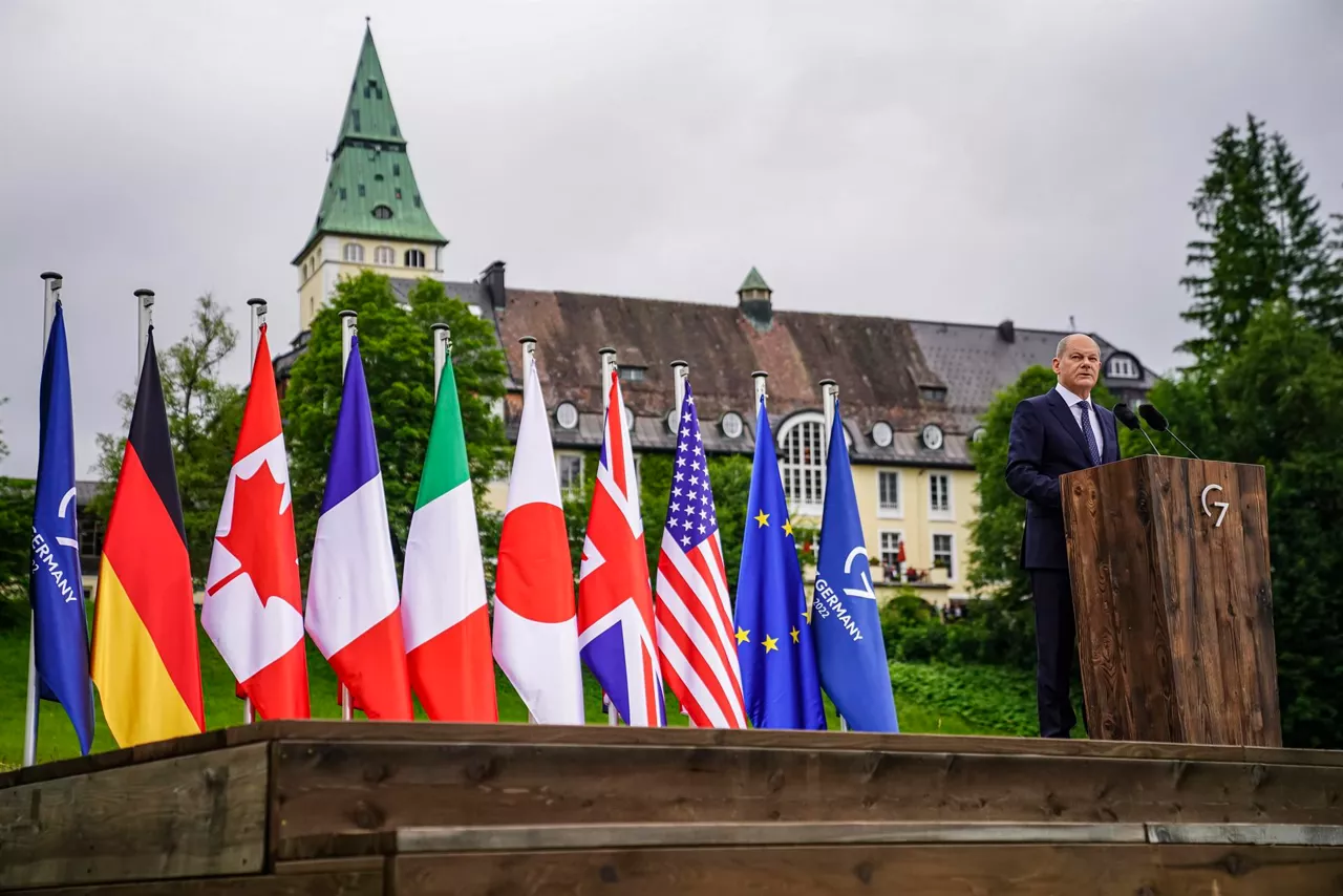 El canciller alemán Olaf Scholz en una comparecencia en Elmau (Alemania)