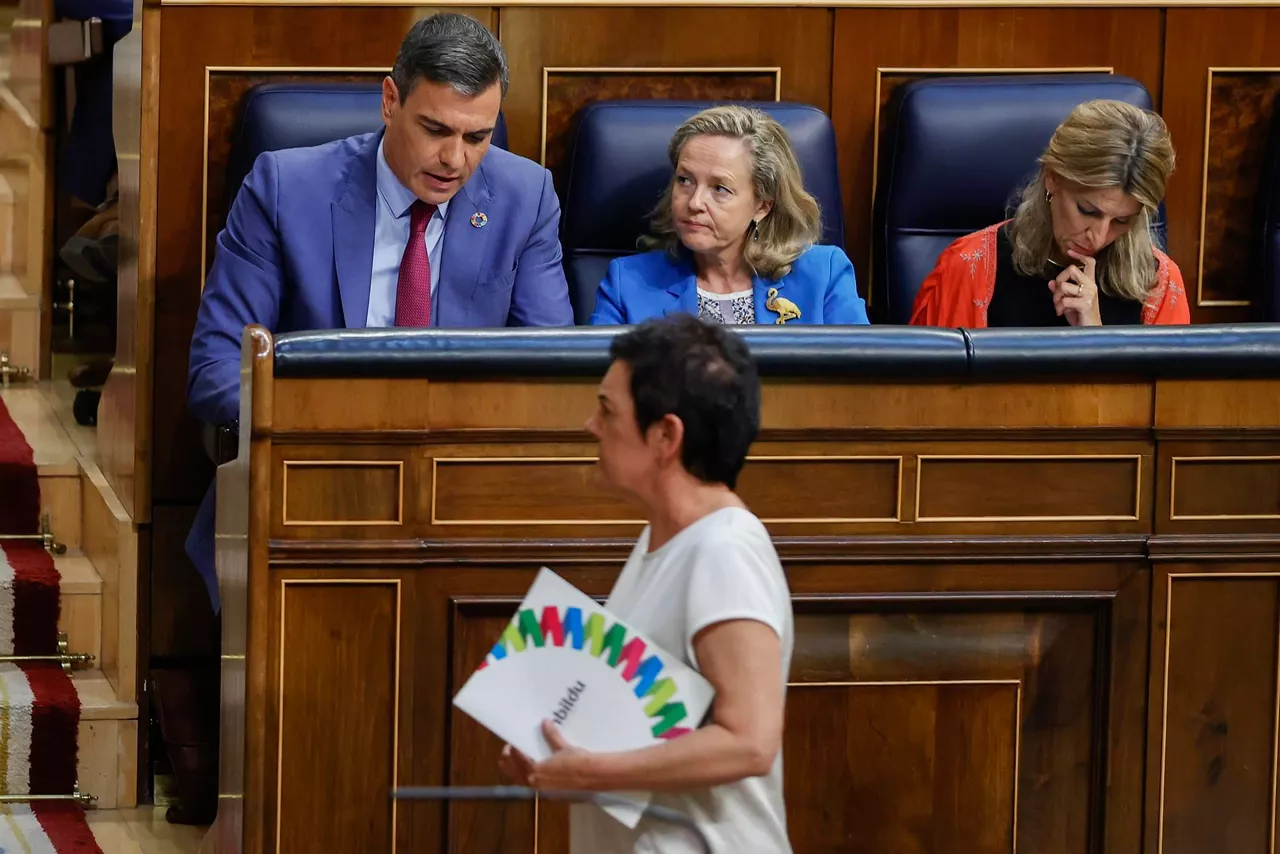 Mertxe Aizpurua EH Bilduko bozeramailea Pedro Sanchezen aurretik pasatzen