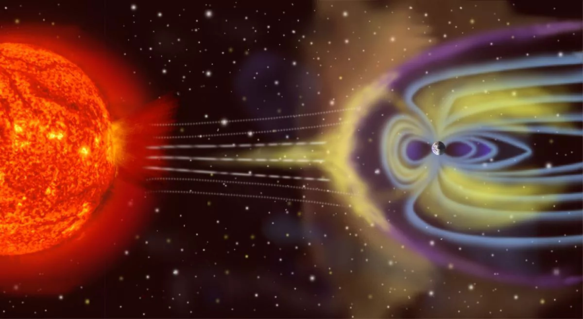 Recreación del impacto de una tormenta solar contra la magnetosfera de la Tierra.